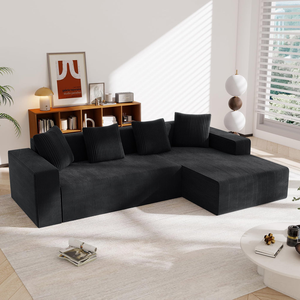102.7" Corduroy Sectional Couch, Boneless L Shaped Couch with Deep Seat, Cloud Foam Sofa with Chaise, Sectional Sofa No Assembly Needed for Living Room and Bedroom (Black + Corduroy + 3 Seat + Foam)