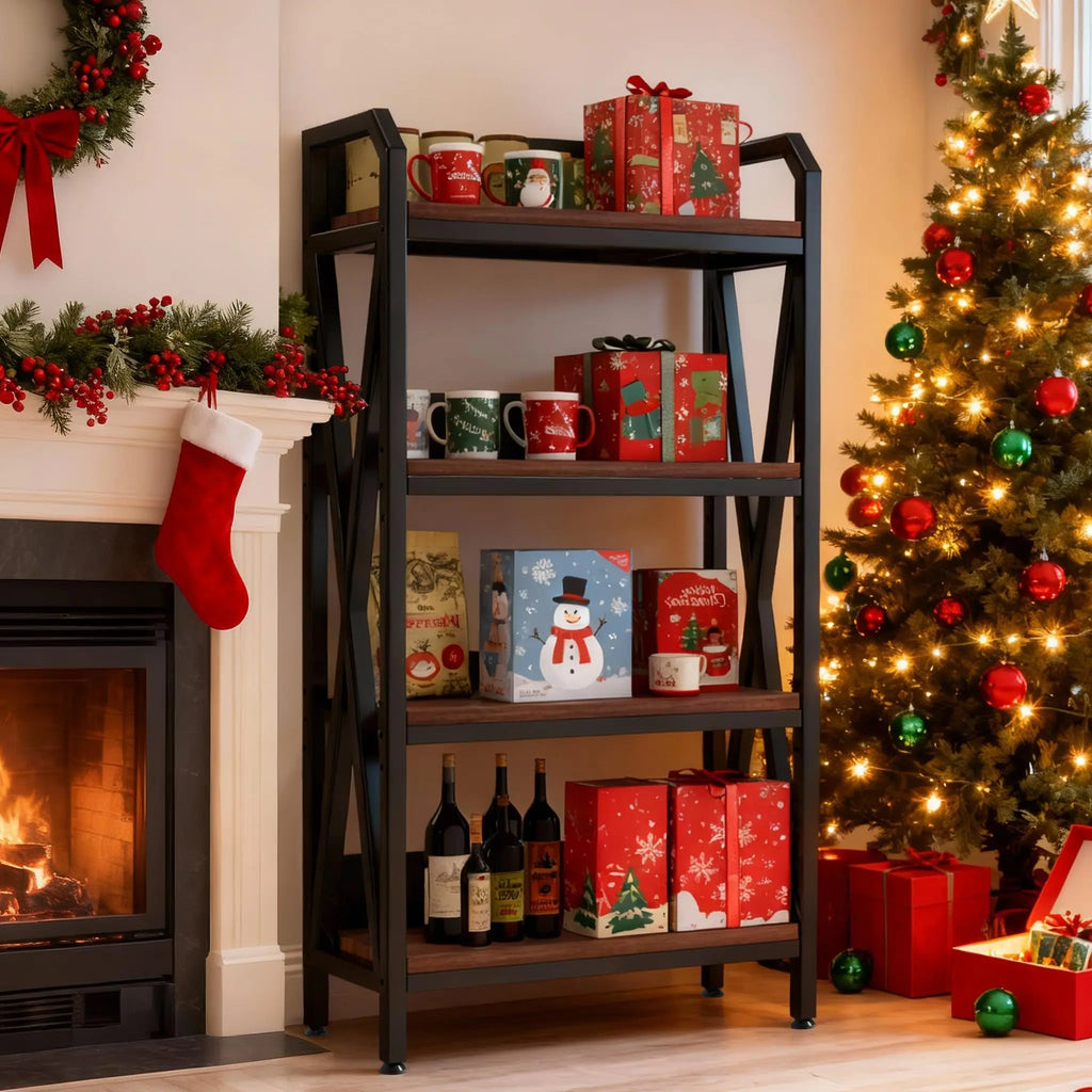 QIHAI 56.30'' Bakers Rack 4-Level Storage Shelves Metal and Wooden Kitchen Shelves, Kitchen Organizers and Storage, for Garage, Pantry, Bathroom, Closet (4-Tier 56.3" H x 33.5" W x 15.8" D) QIHAI