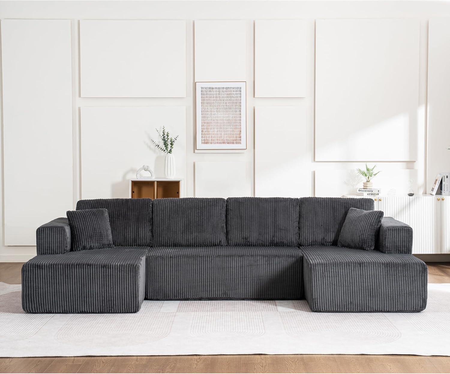 130" Oversized Cloud Boneless Sofa Couch with Chaise, Modern Corduroy U Shaped Modular Sectional Sofa with Deep Seat, No Assembly Required (Foam + White + Corduroy + 3 Seat)
