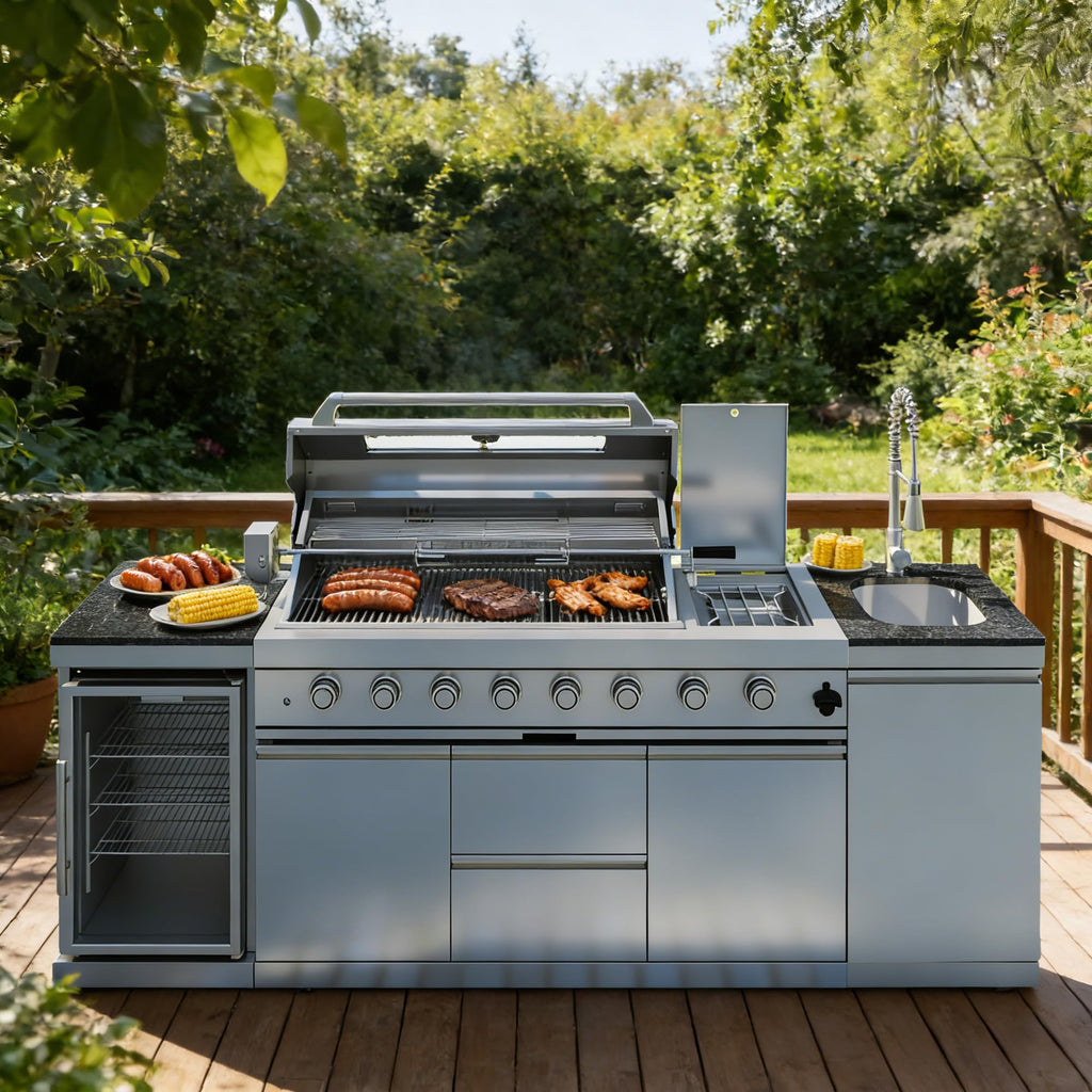 46-Inch 4-Burner 72000 BTU Deluxe Stainless Steel Gas Outdoor Kitchen Bar Barbecue Island Grill, Wine Cooler Compact Refrigerator, Rotisserie, Granite Countertops, Stainless steel Sink,Black