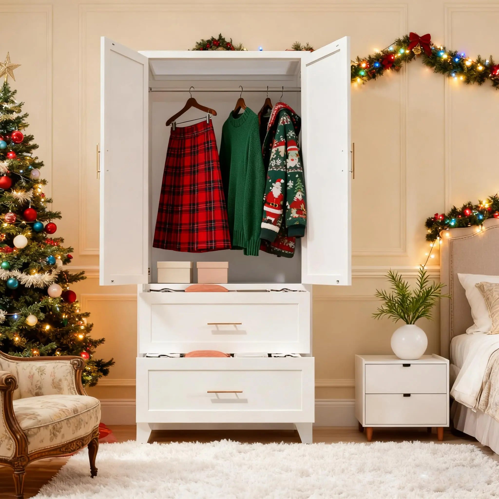 QIHAI Bedroom Armoires,71" Tall Metal Wardrobe Cabinet with 2 Drawers and Hanging Rod, 2 Doors Wardrobe Closet with Shelf for Bedroom, Office, Laundry Room,Entryway,Foyer,Guesthouse,White QIHAI