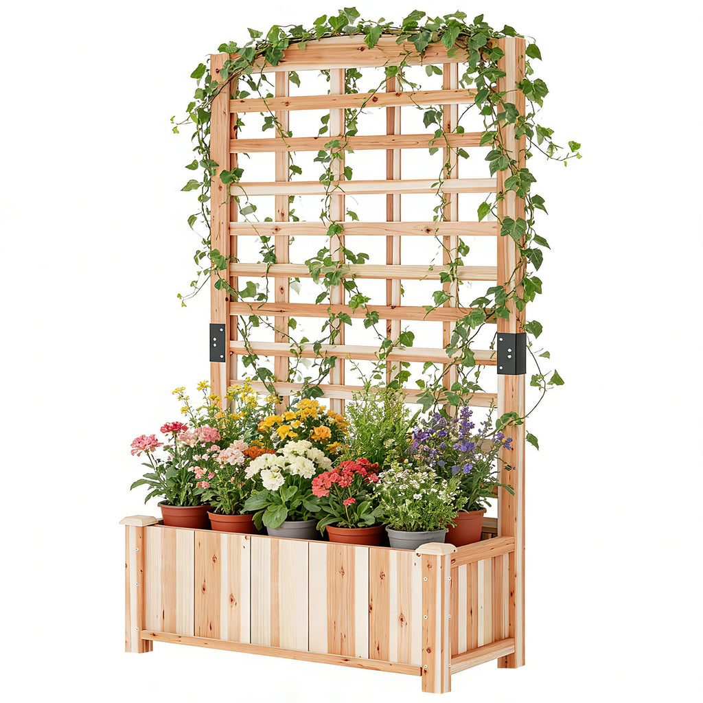 Wooden Raised Garden Bed with Trellis, Outdoor Free-Standing Trellis Planter, Standing Elevated Planter Box for Vegetables,Flowers, Fruits (35.4" L x 15.7" W x 59.4" H)