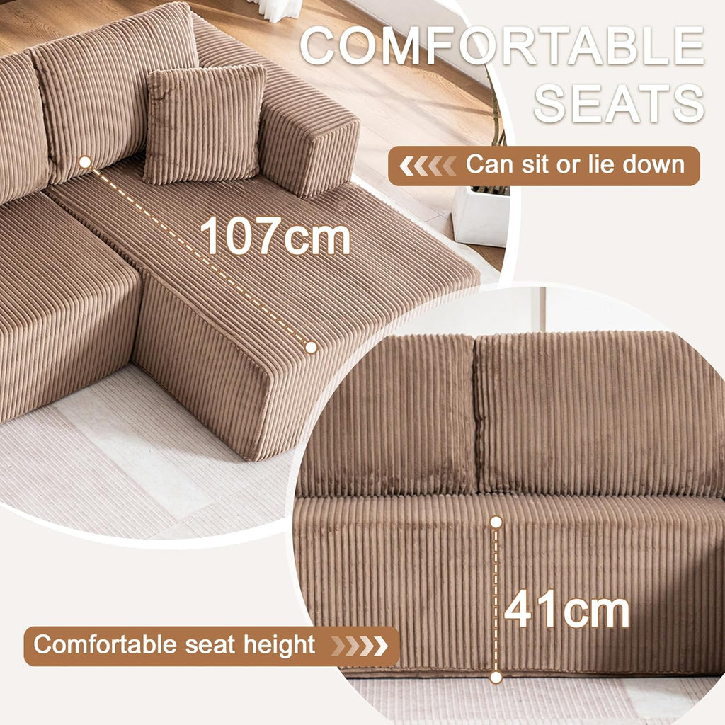 130" Oversized Cloud Boneless Sofa Couch with Chaise, Modern Corduroy U Shaped Modular Sectional Sofa with Deep Seat, No Assembly Required (Foam + White + Corduroy + 3 Seat)