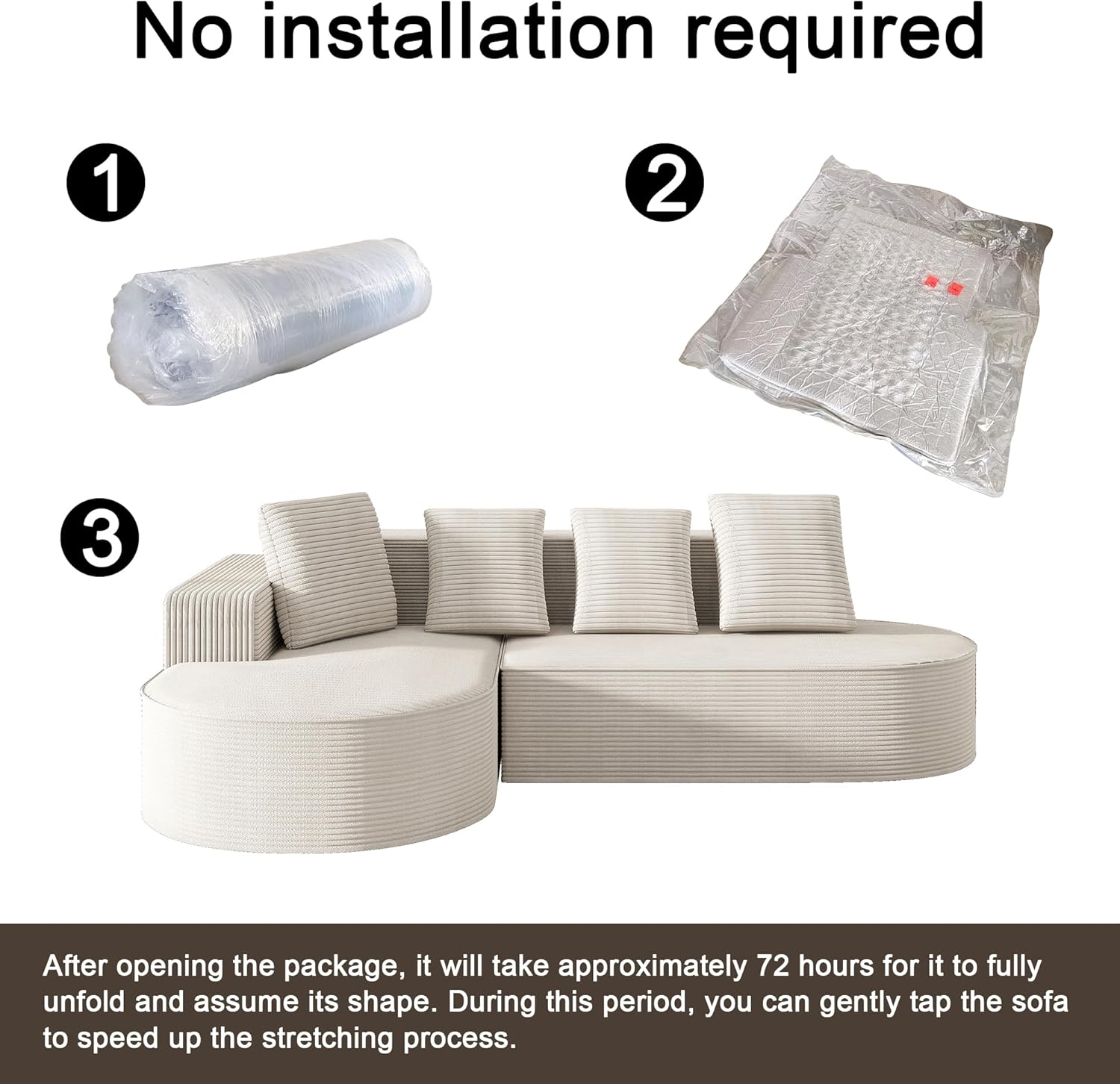 104" Corduroy Sectional Couch, Boneless L Shaped Couch with Deep Seat, Cloud Foam Sofa with Chaise, Sectional Sofa No Assembly Needed for Living Room (Foam + Black + Corduroy + 3 Seat)