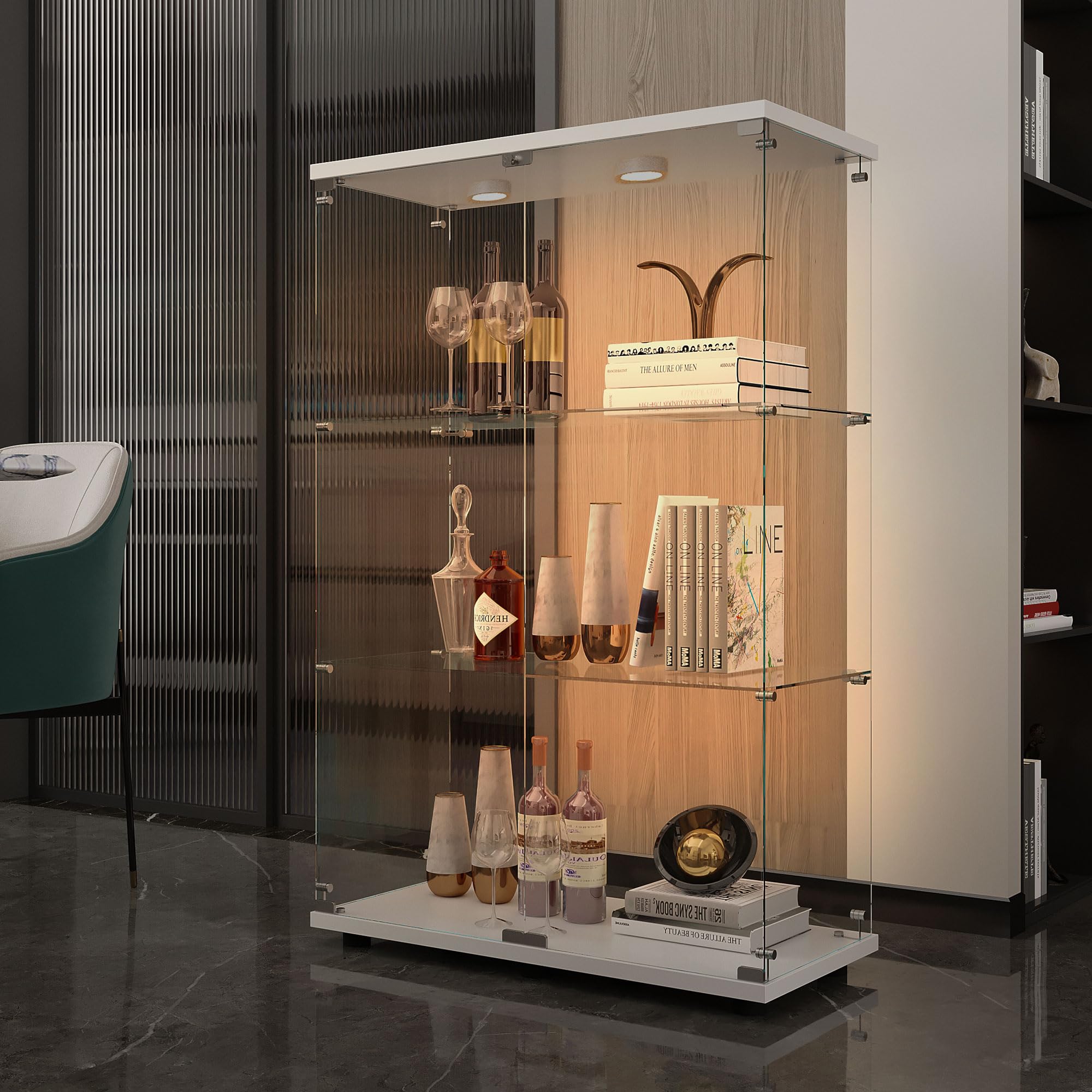 Glass Display Case with Lights,Tempered Glass Curio Cabinets with Glass Doors and Lock,Glass Display Cabinet for Bedroom, Living Room,Kitchen (White, 2 Door-5 Tier)