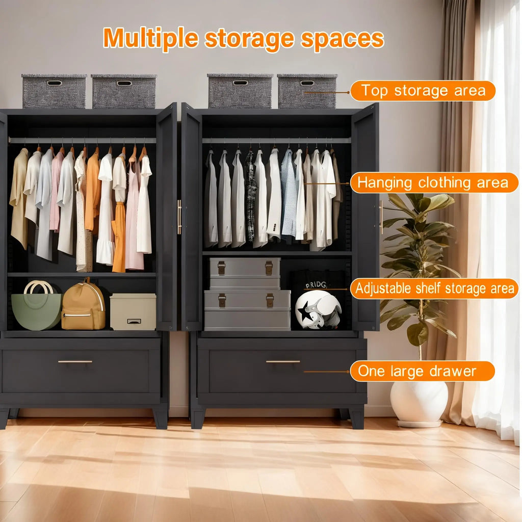 QIHAI Bedroom Armoires,71" Tall Metal Wardrobe Cabinet with 2 Drawers and Hanging Rod, 2 Doors Wardrobe Closet with Shelf for Bedroom, Office, Laundry Room,Entryway,Foyer,Guesthouse,White QIHAI