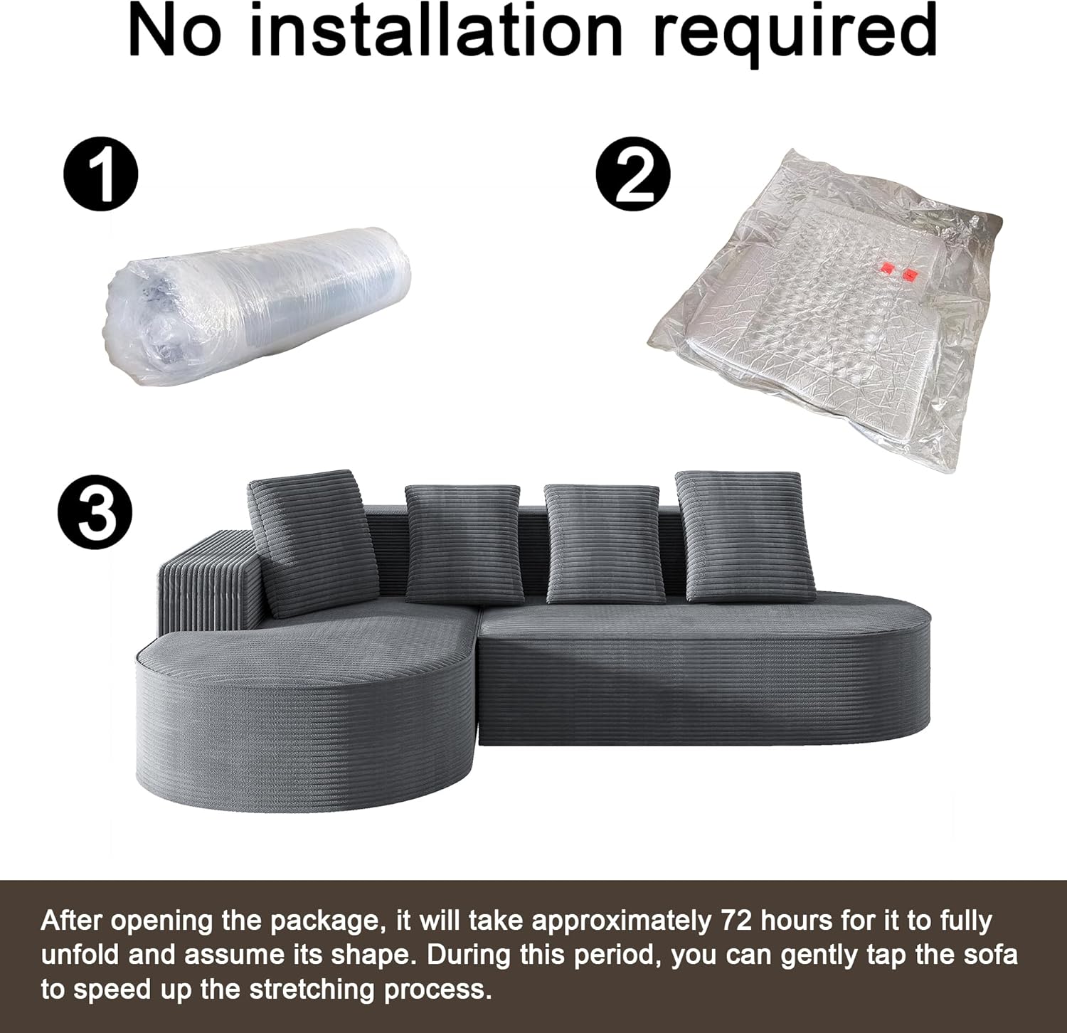 104" Corduroy Sectional Couch, Boneless L Shaped Couch with Deep Seat, Cloud Foam Sofa with Chaise, Sectional Sofa No Assembly Needed for Living Room (Foam + Black + Corduroy + 3 Seat)