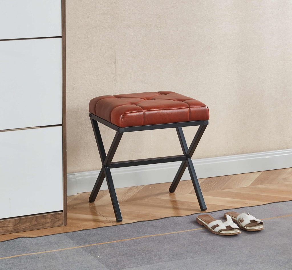 Vanity Stool - Square Faux Leather Makeup Seat with Metal X Legs, Small Ottoman Chair for Makeup Room, Living Room - Modern Padded Foot Rest (Dark Brown)