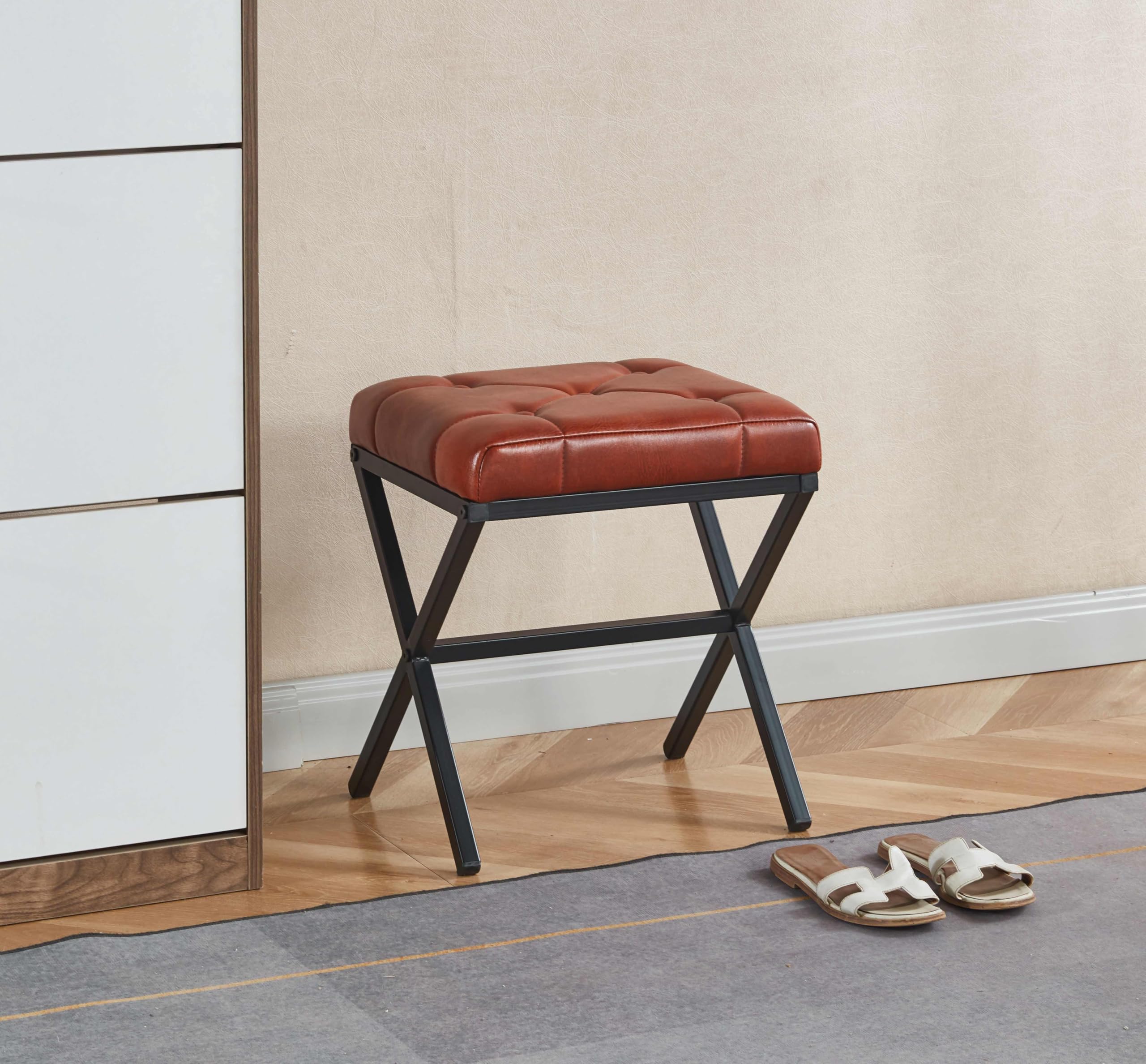 Vanity Stool - Square Faux Leather Makeup Seat with Metal X Legs, Small Ottoman Chair for Makeup Room, Living Room - Modern Padded Foot Rest (Dark Brown)