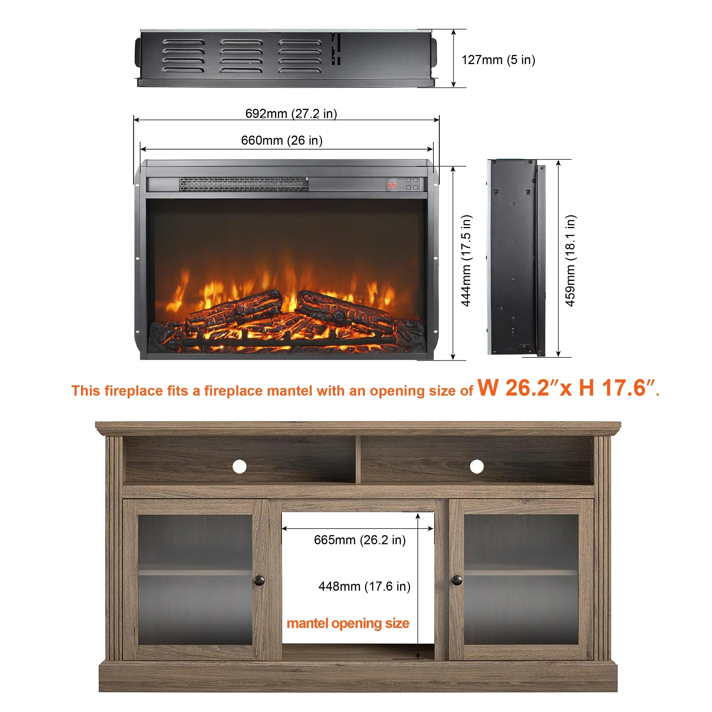 18 inch Electric Fireplace Insert, Ultra Thin Heater with Log Set & Realistic Flame, Overheating Protection (18 INCH) QIHAI