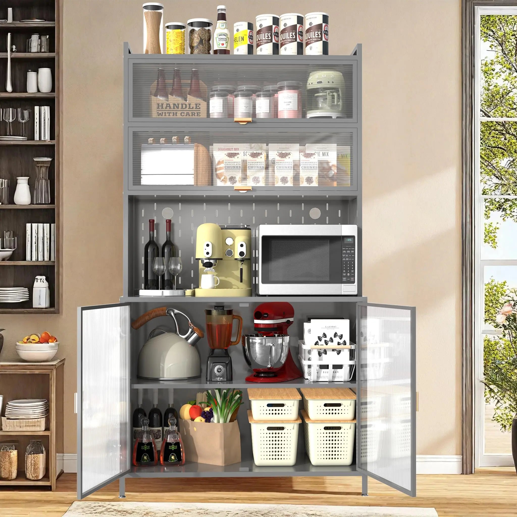 73'' Tall Kitchen Pantry Cabinet, 6 Level Flip Door with Pegboard Metal Pantry Storage Cabinet, Anti-Tip Design Hutch for Kitchen, Dining Room, Living Room,Grey QIHAI