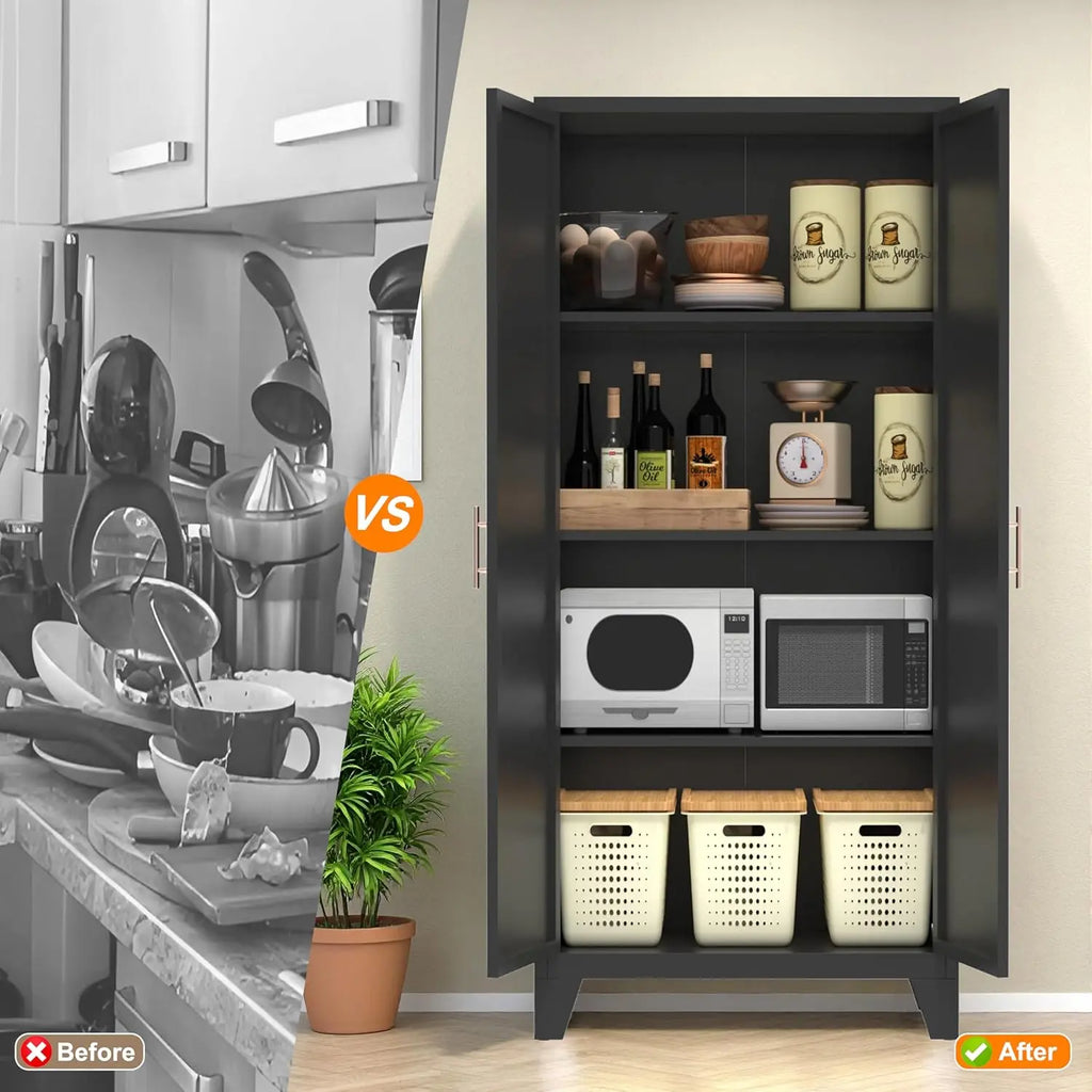 QIHAI 71'' 2 Shapely Doors Cabinet, Metal Storage Cabinet with Doors and Adjustable Shelves, for Kitchen, Dining Room, Living Room,White QIHAI