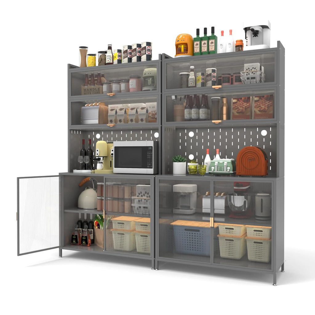 73'' Tall Kitchen Pantry Cabinet, 6 Level Flip Door with Pegboard Metal Pantry Storage Cabinet, Anti-Tip Design Hutch for Kitchen, Dining Room, Living Room,Grey QIHAI