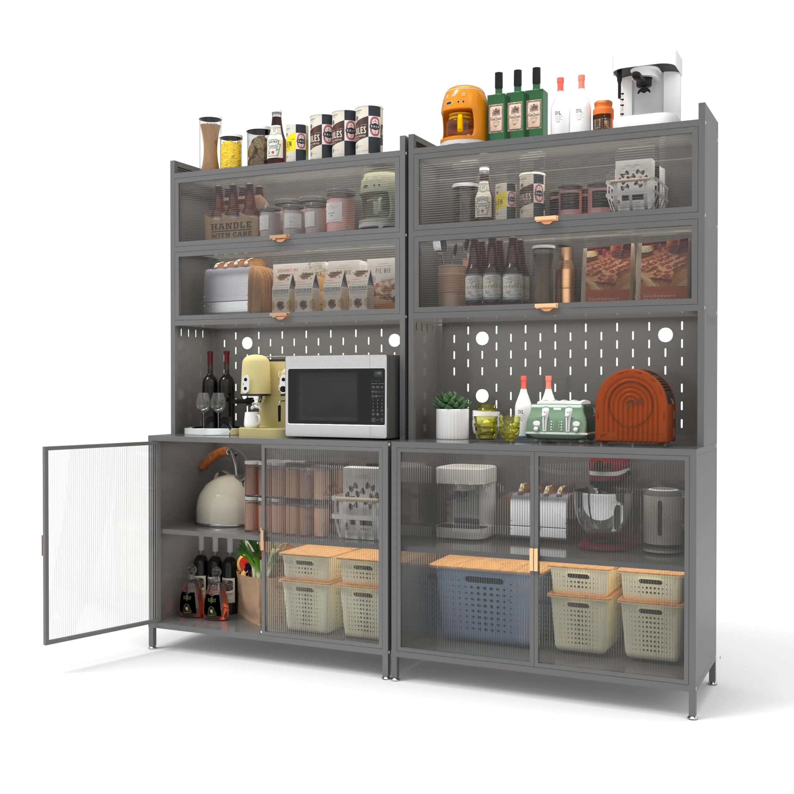 73'' Tall Kitchen Pantry Cabinet, 6 Level Flip Door with Pegboard Metal Pantry Storage Cabinet, Anti-Tip Design Hutch for Kitchen, Dining Room, Living Room,Grey QIHAI