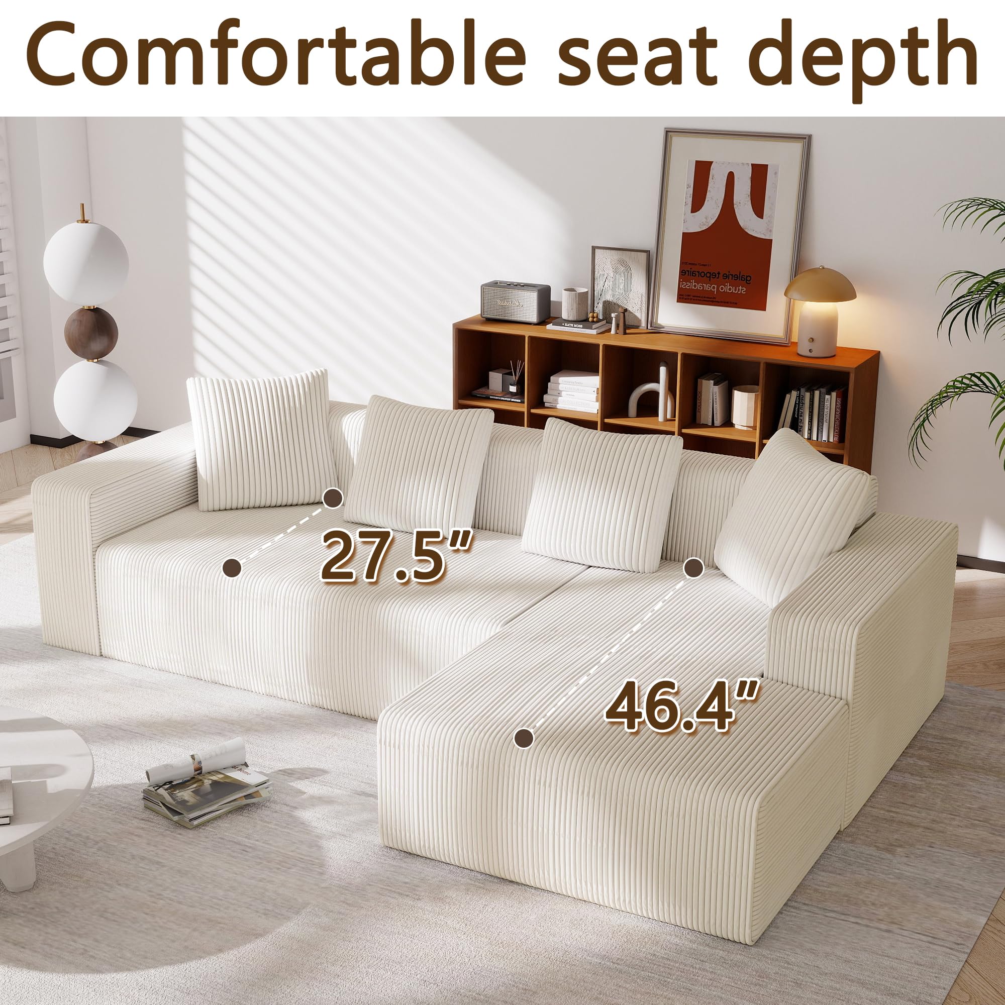 102.7" Corduroy Sectional Couch, Boneless L Shaped Couch with Deep Seat, Cloud Foam Sofa with Chaise, Sectional Sofa No Assembly Needed for Living Room and Bedroom (Black + Corduroy + 3 Seat + Foam)