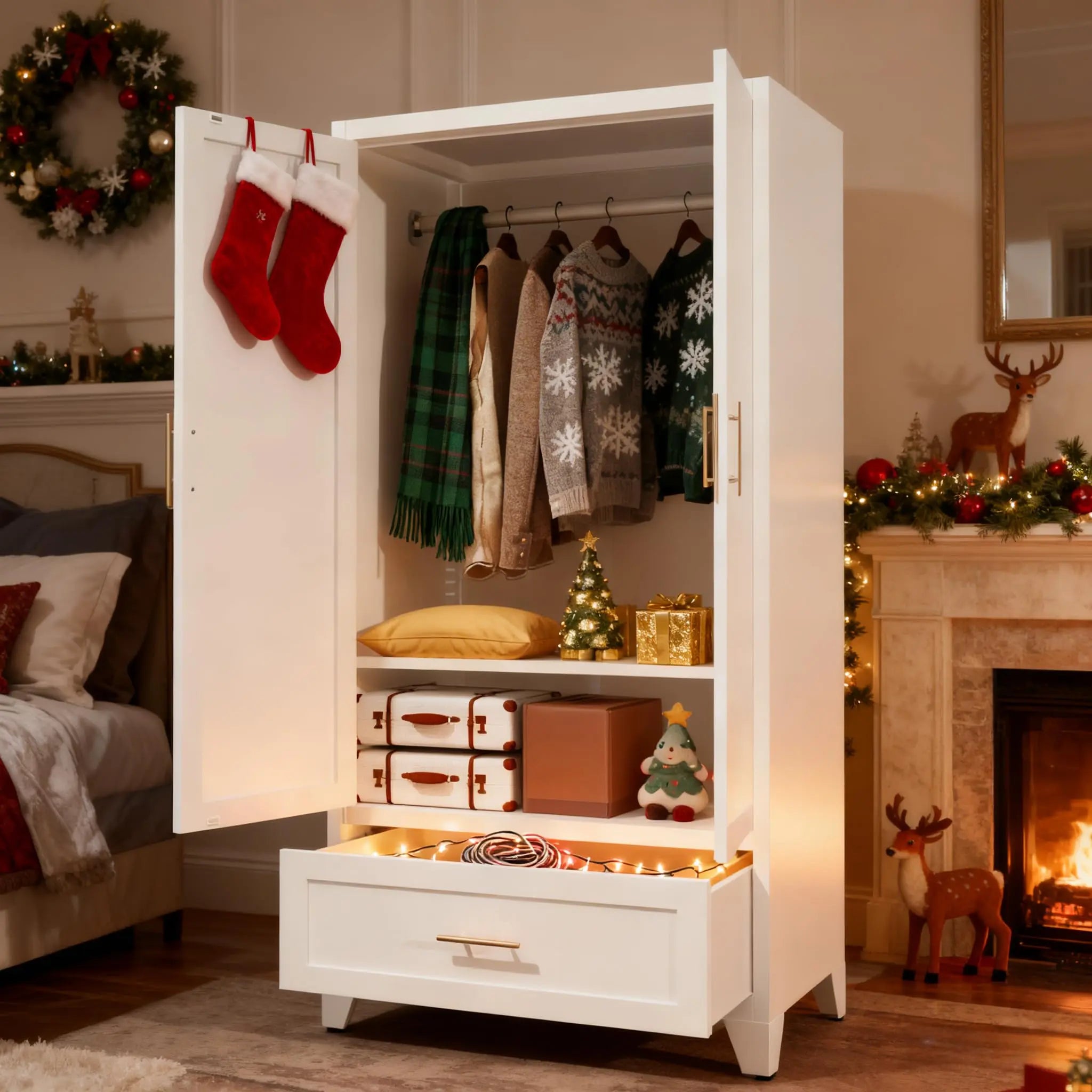 QIHAI Bedroom Armoires,71" Tall Metal Wardrobe Cabinet with 2 Drawers and Hanging Rod, 2 Doors Wardrobe Closet with Shelf for Bedroom, Office, Laundry Room,Entryway,Foyer,Guesthouse,White QIHAI