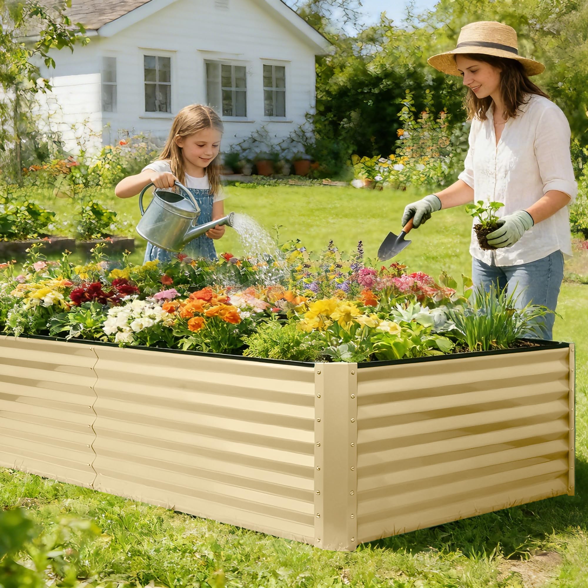 8×4×2 FT Galvanized Planter Box, Raised Garden Bed, Outdoor Above Ground Planter Extra Large Garden Box Kits for Vegetables, Flowers, Herbs (White)