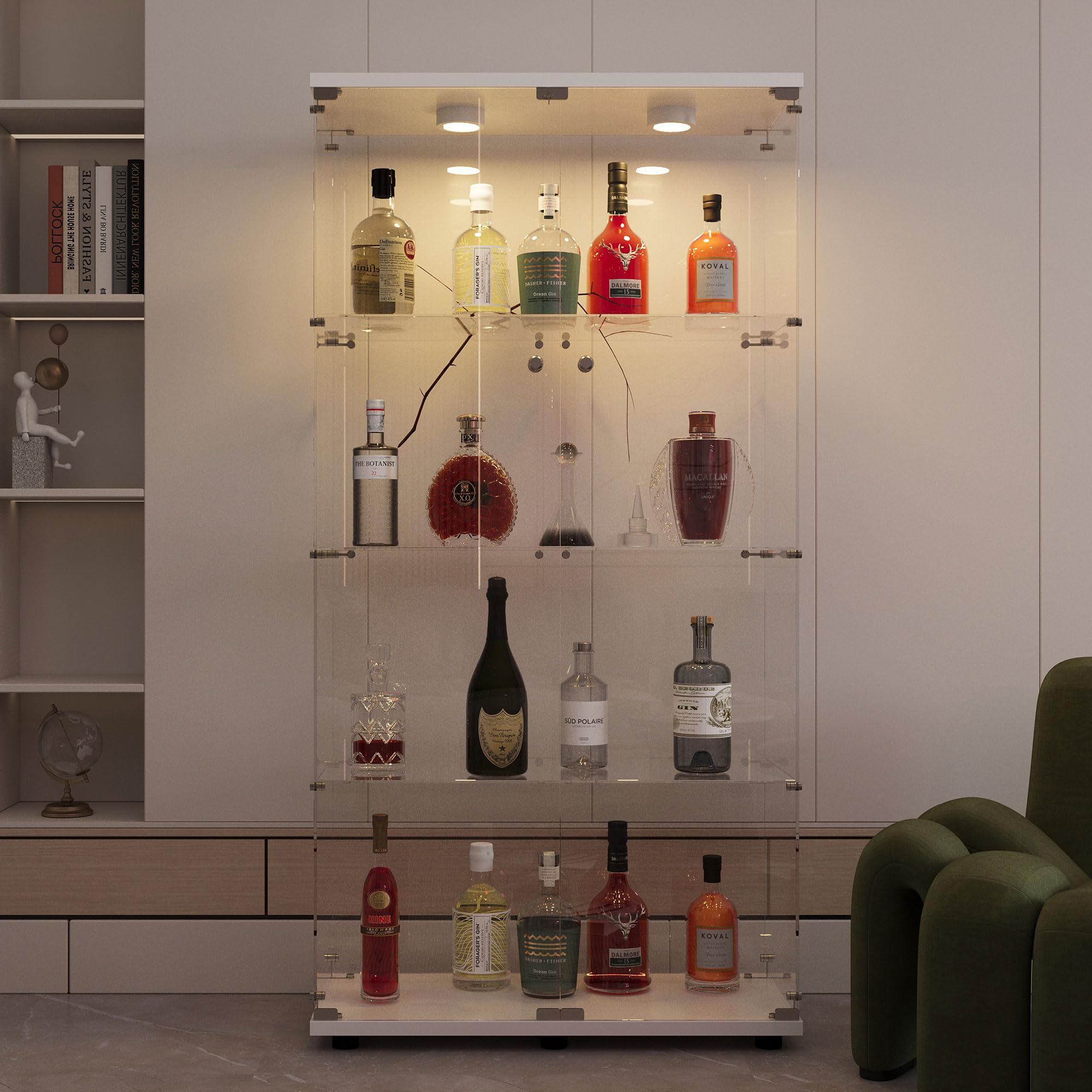 Glass Display Case with Lights,Tempered Glass Curio Cabinets with Glass Doors and Lock,Glass Display Cabinet for Bedroom, Living Room,Kitchen (White, 2 Door-5 Tier)
