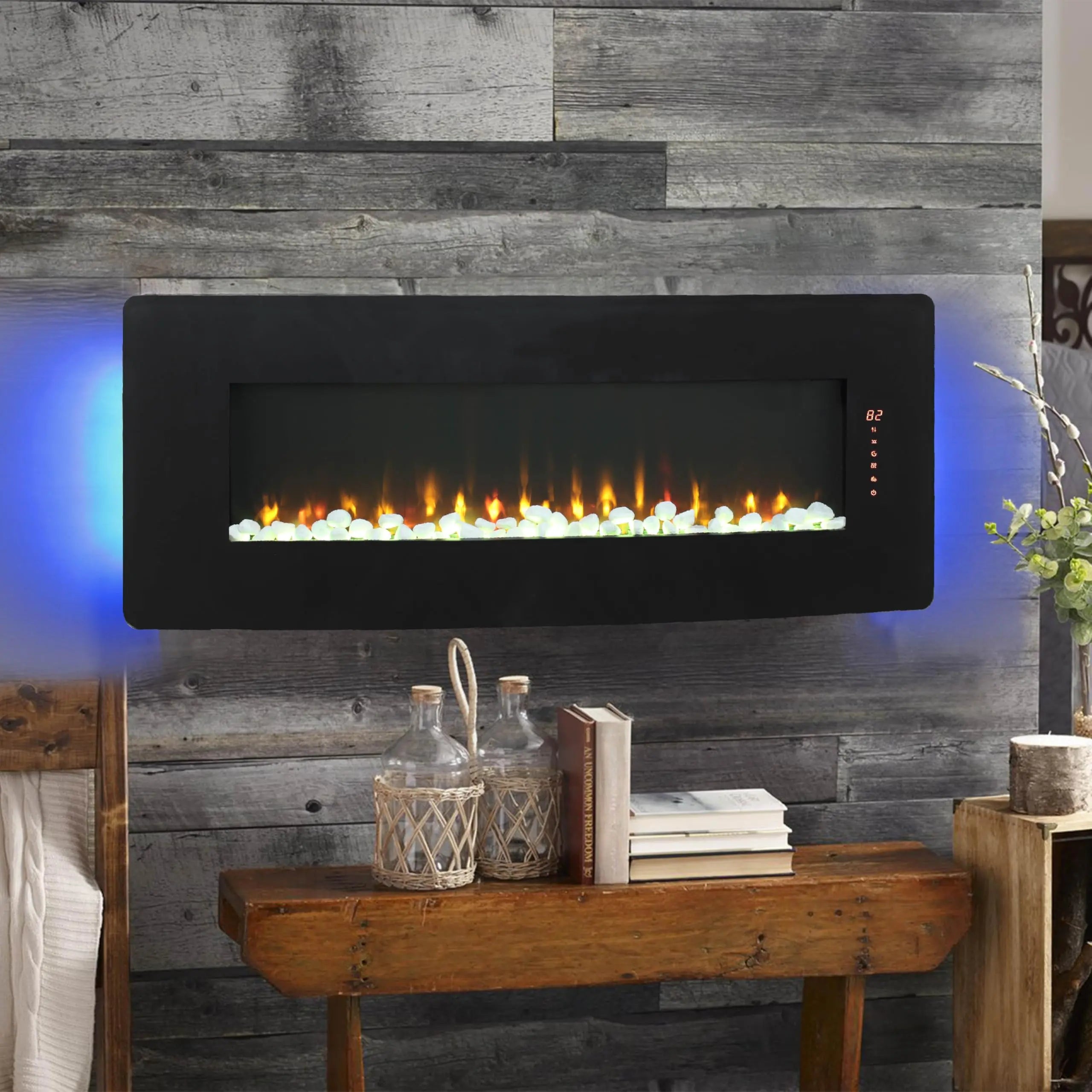 42 inch Electric Fireplace,Recessed Ultra Thin,Tempered Glass Front,Wall Mounted with Remote and Multi Color Flame & Emberbed, LED Light Heater QIHAI