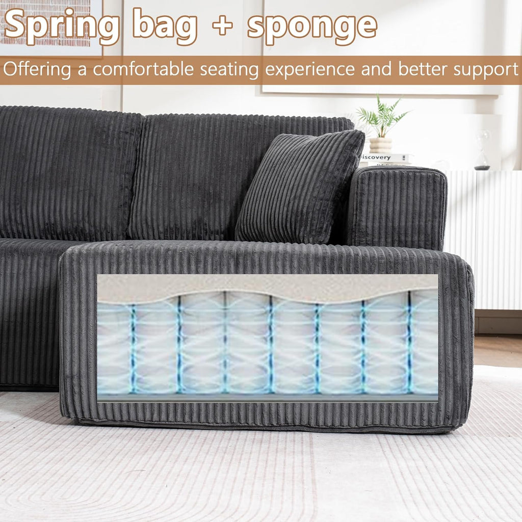 130" Oversized Cloud Boneless Sofa Couch with Chaise, Modern Corduroy U Shaped Modular Sectional Sofa with Deep Seat, No Assembly Required (Foam + White + Corduroy + 3 Seat)