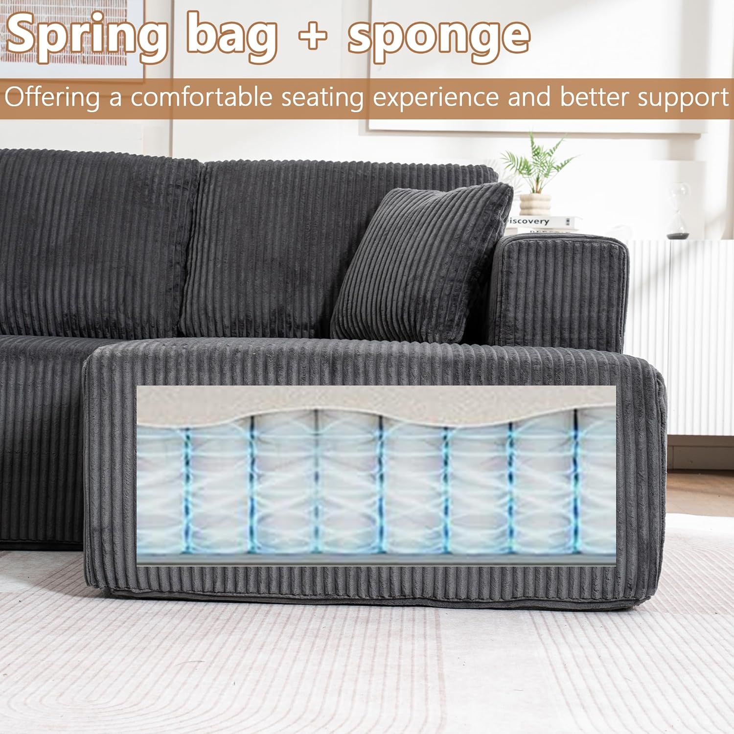 130" Oversized Cloud Boneless Sofa Couch with Chaise, Modern Corduroy U Shaped Modular Sectional Sofa with Deep Seat, No Assembly Required (Foam + White + Corduroy + 3 Seat)