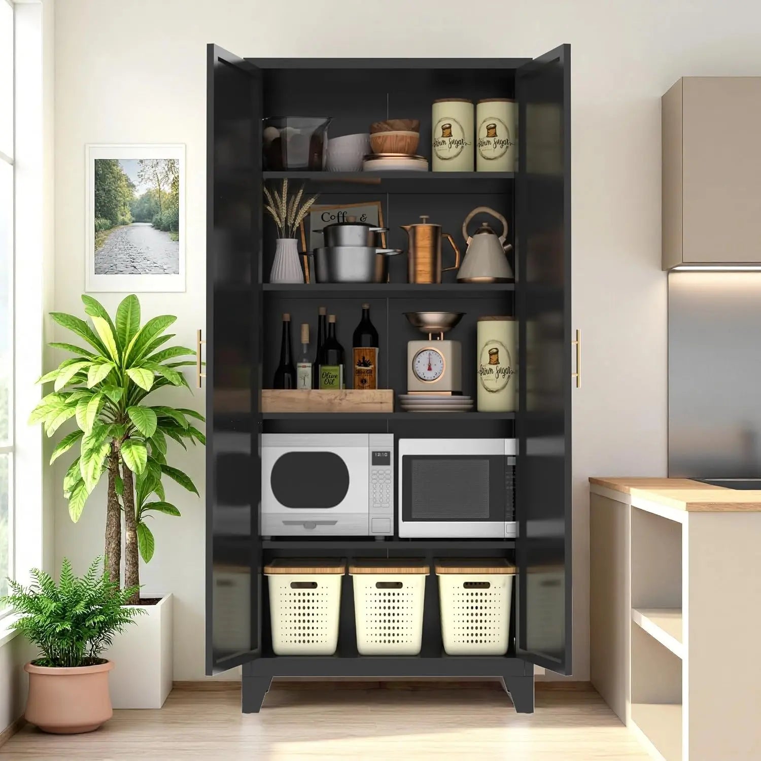 QIHAI 71'' 2 Shapely Doors Cabinet, Metal Storage Cabinet with Doors and Adjustable Shelves, for Kitchen, Dining Room, Living Room,White QIHAI