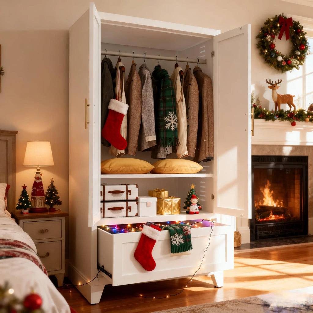 QIHAI Bedroom Armoires,71" Tall Metal Wardrobe Cabinet with 2 Drawers and Hanging Rod, 2 Doors Wardrobe Closet with Shelf for Bedroom, Office, Laundry Room,Entryway,Foyer,Guesthouse,White QIHAI