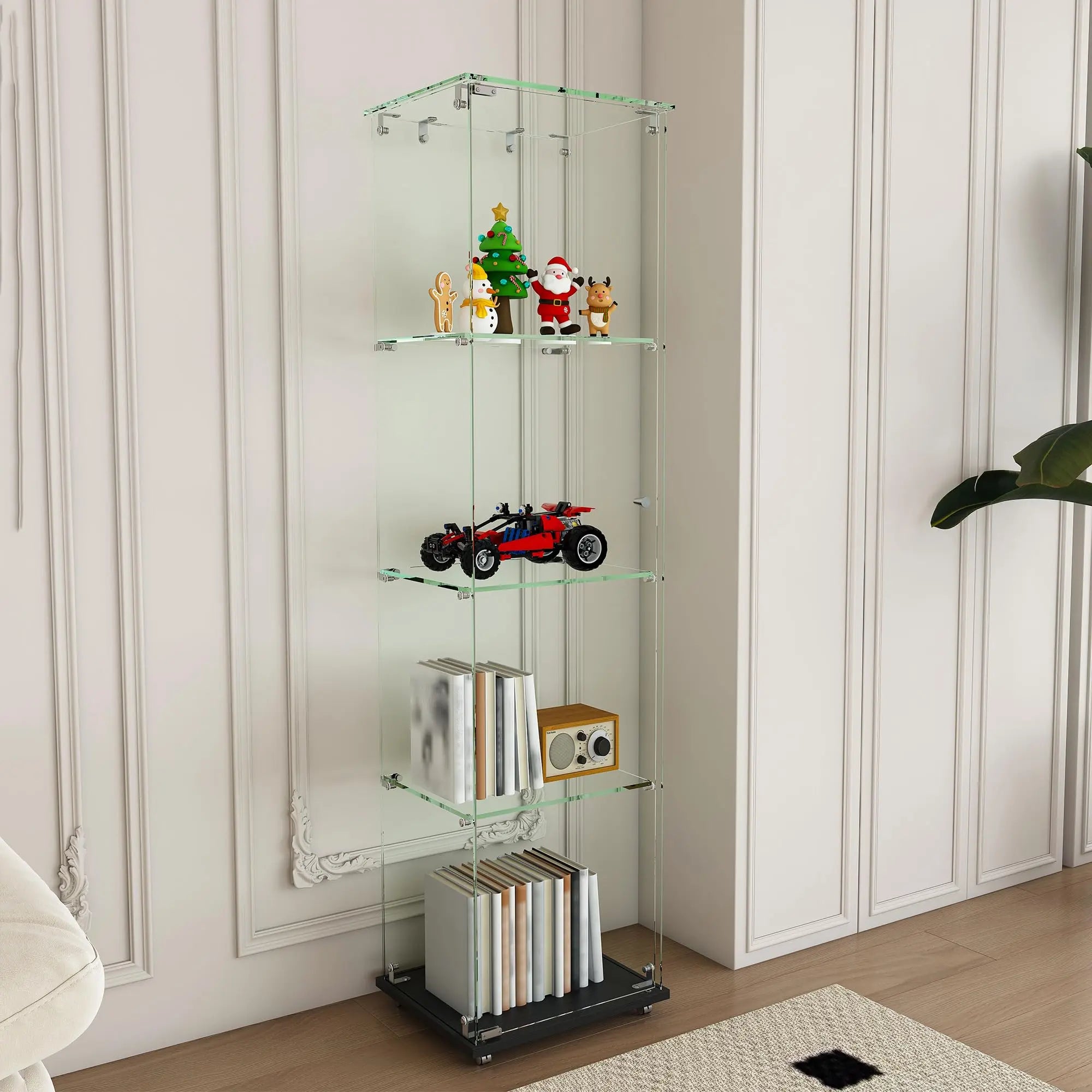 QIHAI Glass Display Cabinet,Premium 4-Tier Diamond Glass Display Case with 5 Dynamic LED Modes, Tempered Glass Curio Cabinet for Collectibles & Decor (62.99x27.56x11.81 Inches) QIHAI