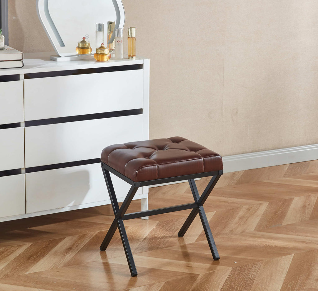 Vanity Stool - Square Faux Leather Makeup Seat with Metal X Legs, Small Ottoman Chair for Makeup Room, Living Room - Modern Padded Foot Rest (Dark Brown)