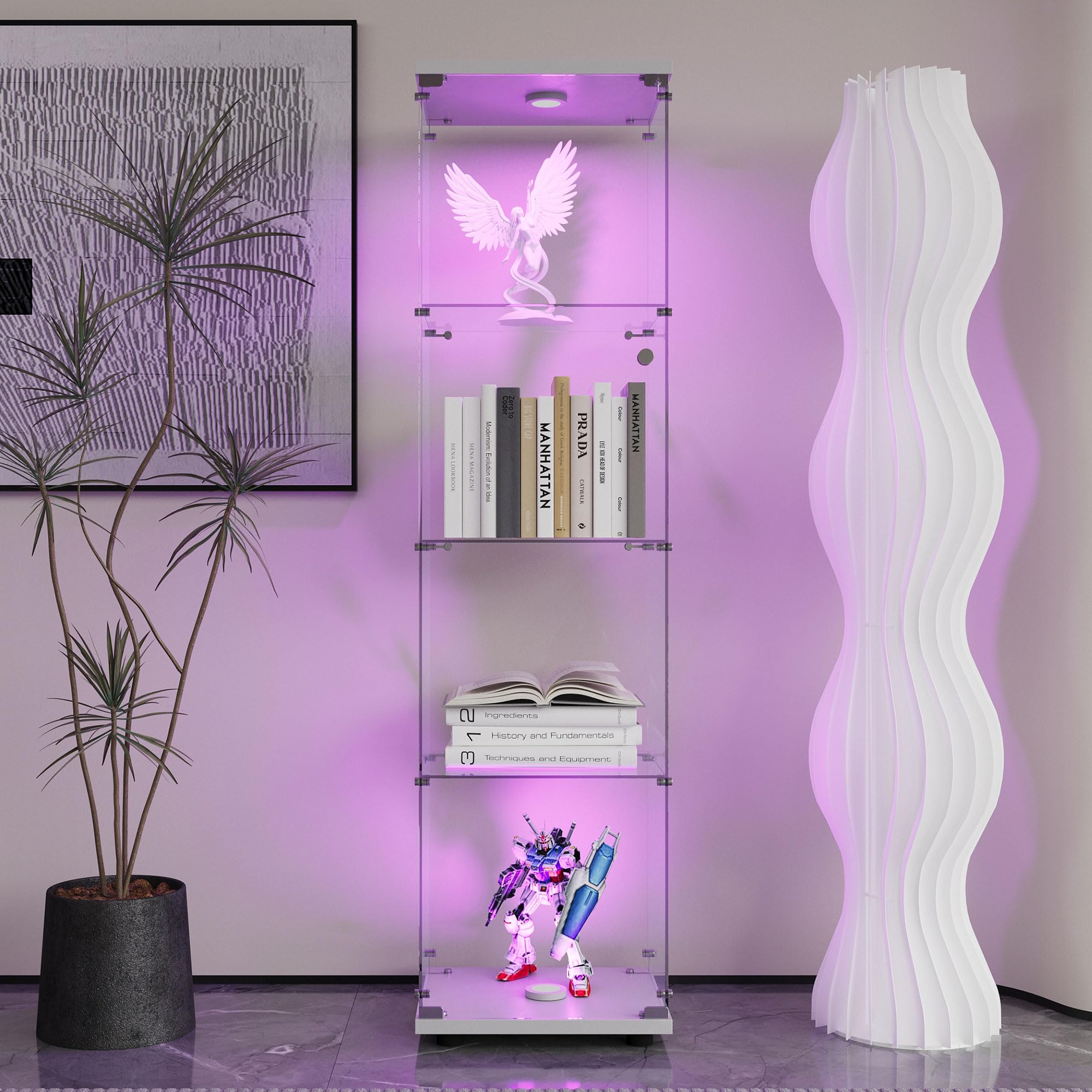 Glass Display Case with Lights,Tempered Glass Curio Cabinets with Glass Doors and Lock,Glass Display Cabinet for Bedroom, Living Room,Kitchen (White, 2 Door-5 Tier)