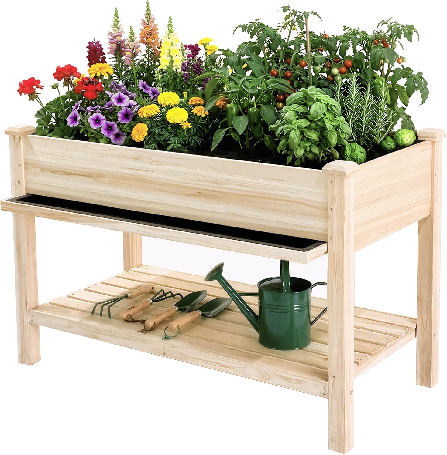 Outdoor Wood Raised Garden Bed,Storage Shelf, Elevated Reinforced Large Planter Box for Vegetable Flower Backyard Patio Gardening Balcony,48x23x31.1-inch