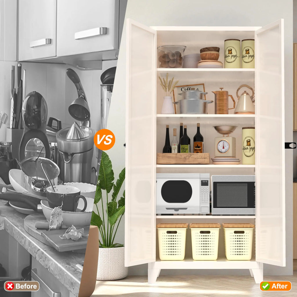 QIHAI 71'' 2 Shapely Doors Cabinet, Metal Storage Cabinet with Doors and Adjustable Shelves, for Kitchen, Dining Room, Living Room,White QIHAI