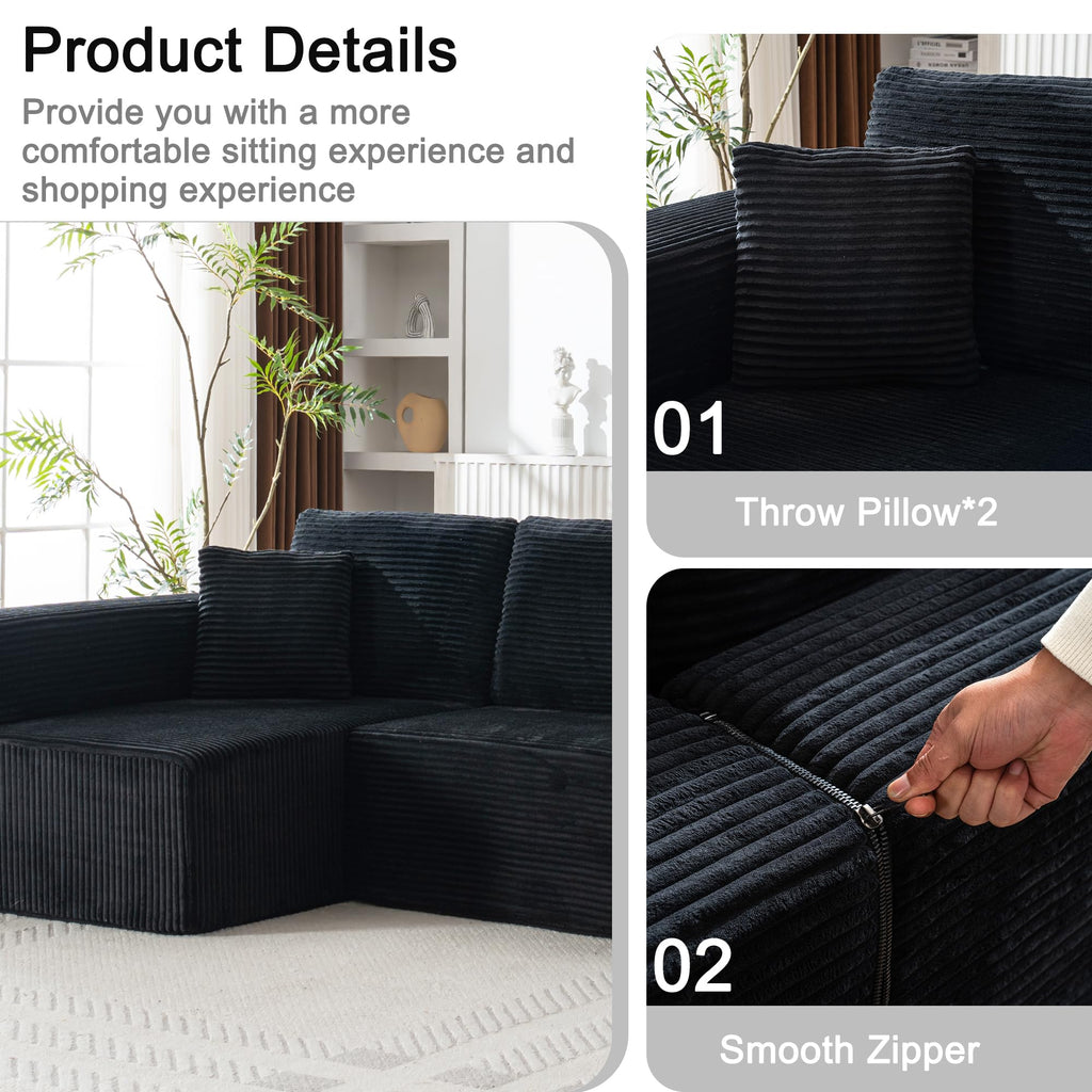Living Room Wide Armchair Sofa, Modern Modular Recliner Sofa, L-Shaped Cloud Sofa, No Assembly Required, Corduroy Fabric, Soft and Comfortable (Foam + Gray + Corduroy + 3 Seat)