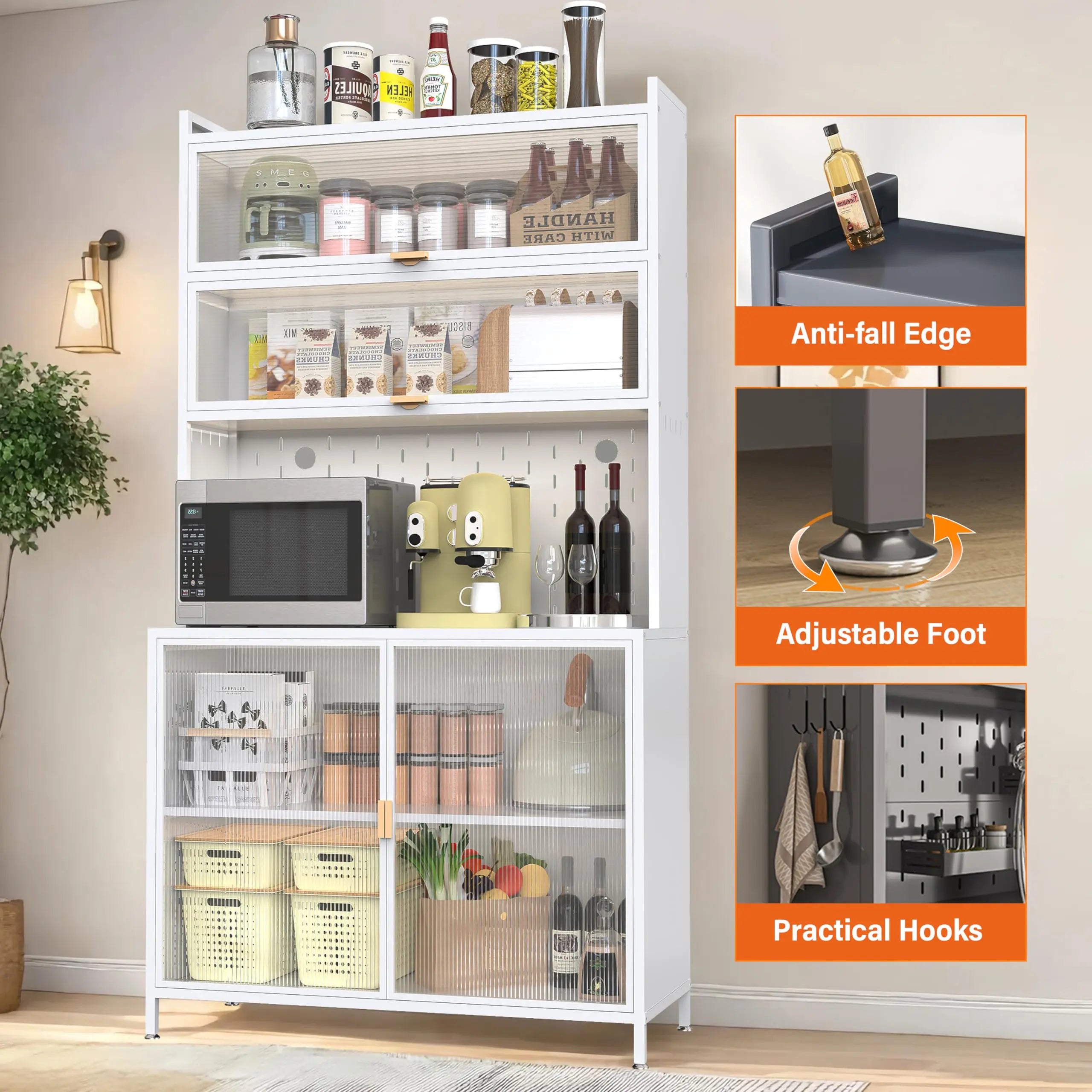 73'' Tall Kitchen Pantry Cabinet, 6 Level Flip Door with Pegboard Metal Pantry Storage Cabinet, Anti-Tip Design Hutch for Kitchen, Dining Room, Living Room,Grey QIHAI