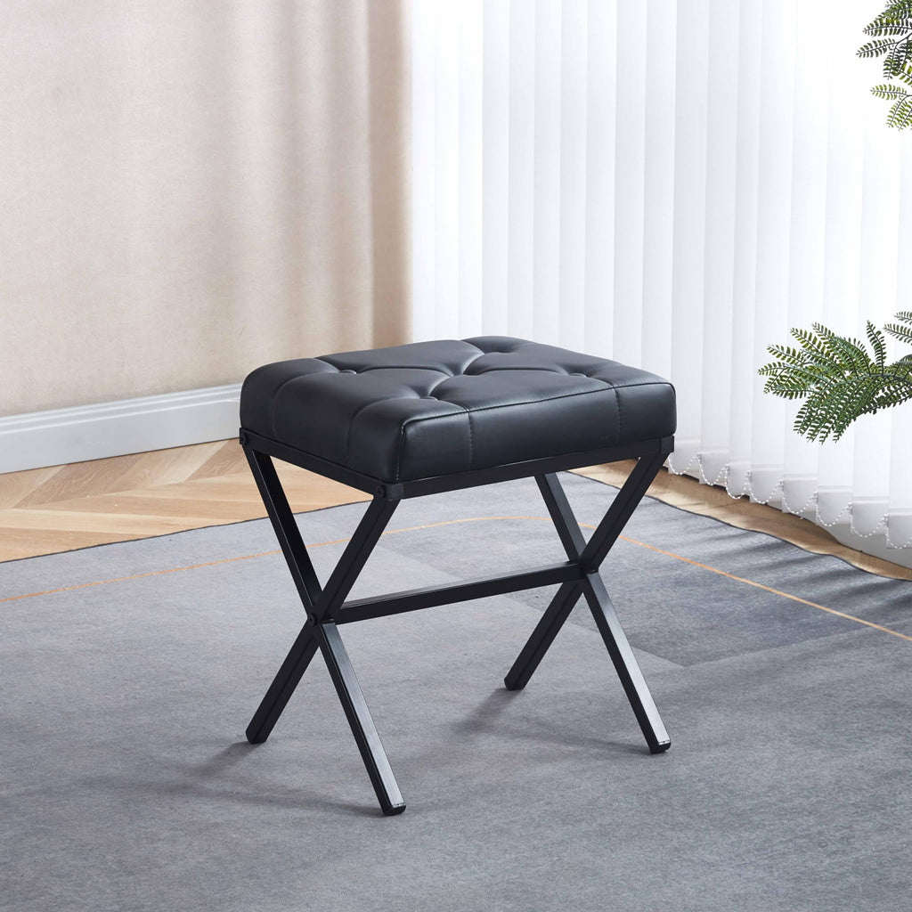 Vanity Stool - Square Faux Leather Makeup Seat with Metal X Legs, Small Ottoman Chair for Makeup Room, Living Room - Modern Padded Foot Rest (Dark Brown)