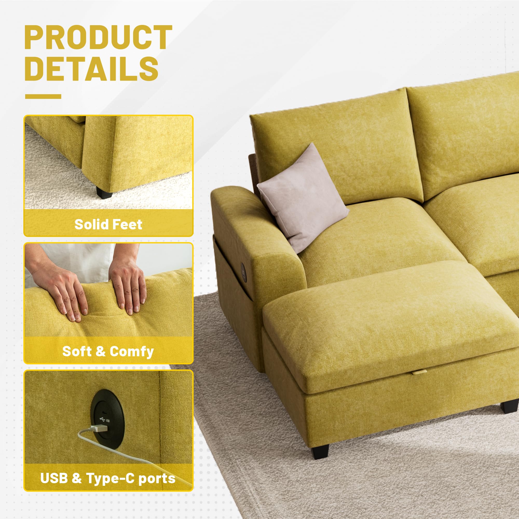 120.1" L Shaped Modular Sectional Sofa, 7 Seater Sectional Sofa with Storage Ottoman, L Shaped Cloud Couch Corner Sofa Oversized Modular Sectional Couch for Living Room (Black)