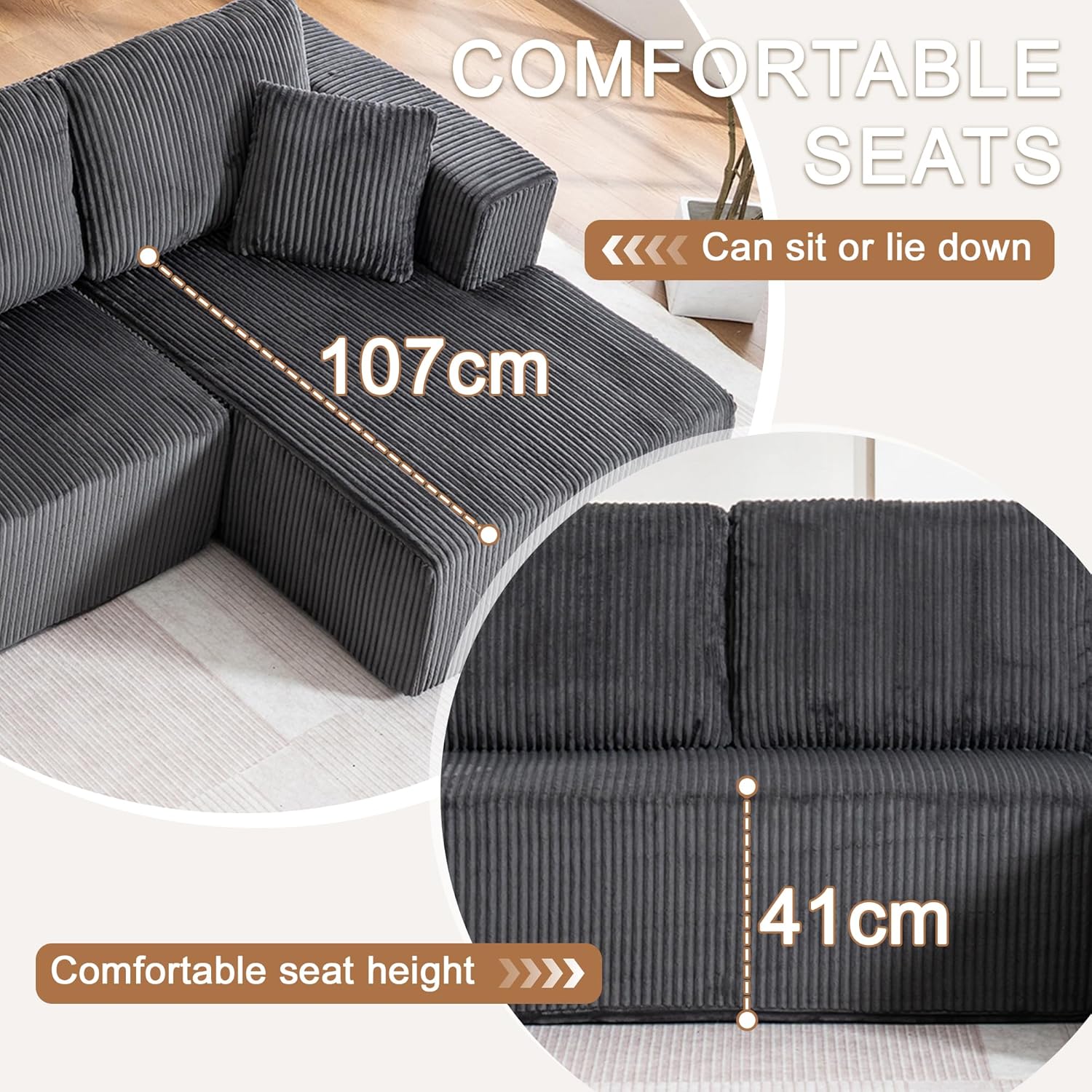 130" Oversized Cloud Boneless Sofa Couch with Chaise, Modern Corduroy U Shaped Modular Sectional Sofa with Deep Seat, No Assembly Required (Foam + White + Corduroy + 3 Seat)