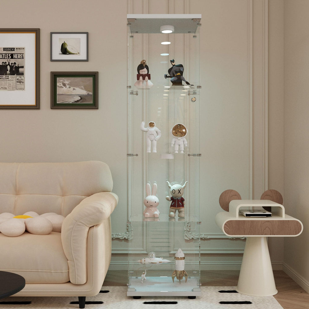 Glass Display Case with Lights,Tempered Glass Curio Cabinets with Glass Doors and Lock,Glass Display Cabinet for Bedroom, Living Room,Kitchen (White, 2 Door-5 Tier)