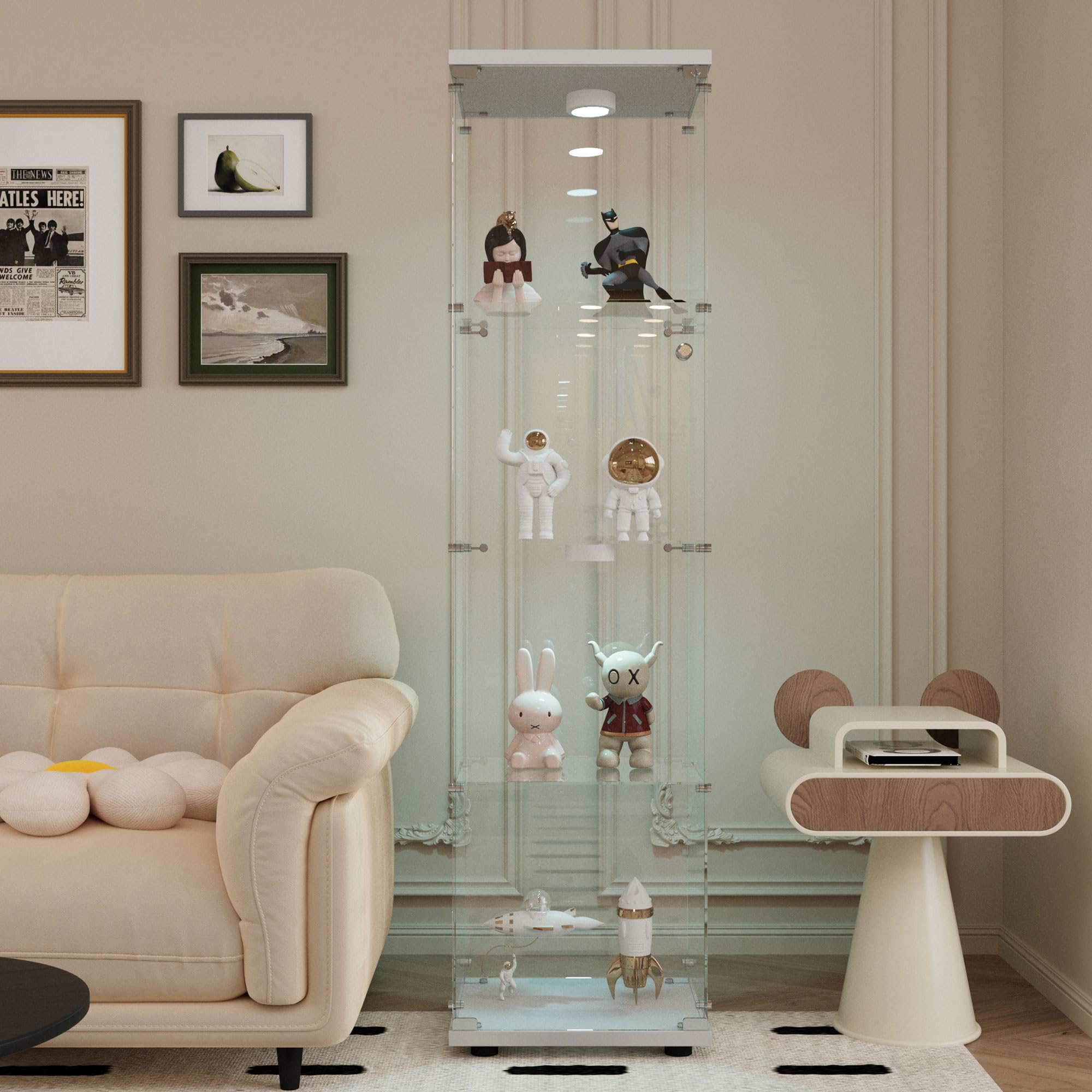 Glass Display Case with Lights,Tempered Glass Curio Cabinets with Glass Doors and Lock,Glass Display Cabinet for Bedroom, Living Room,Kitchen (White, 2 Door-5 Tier)