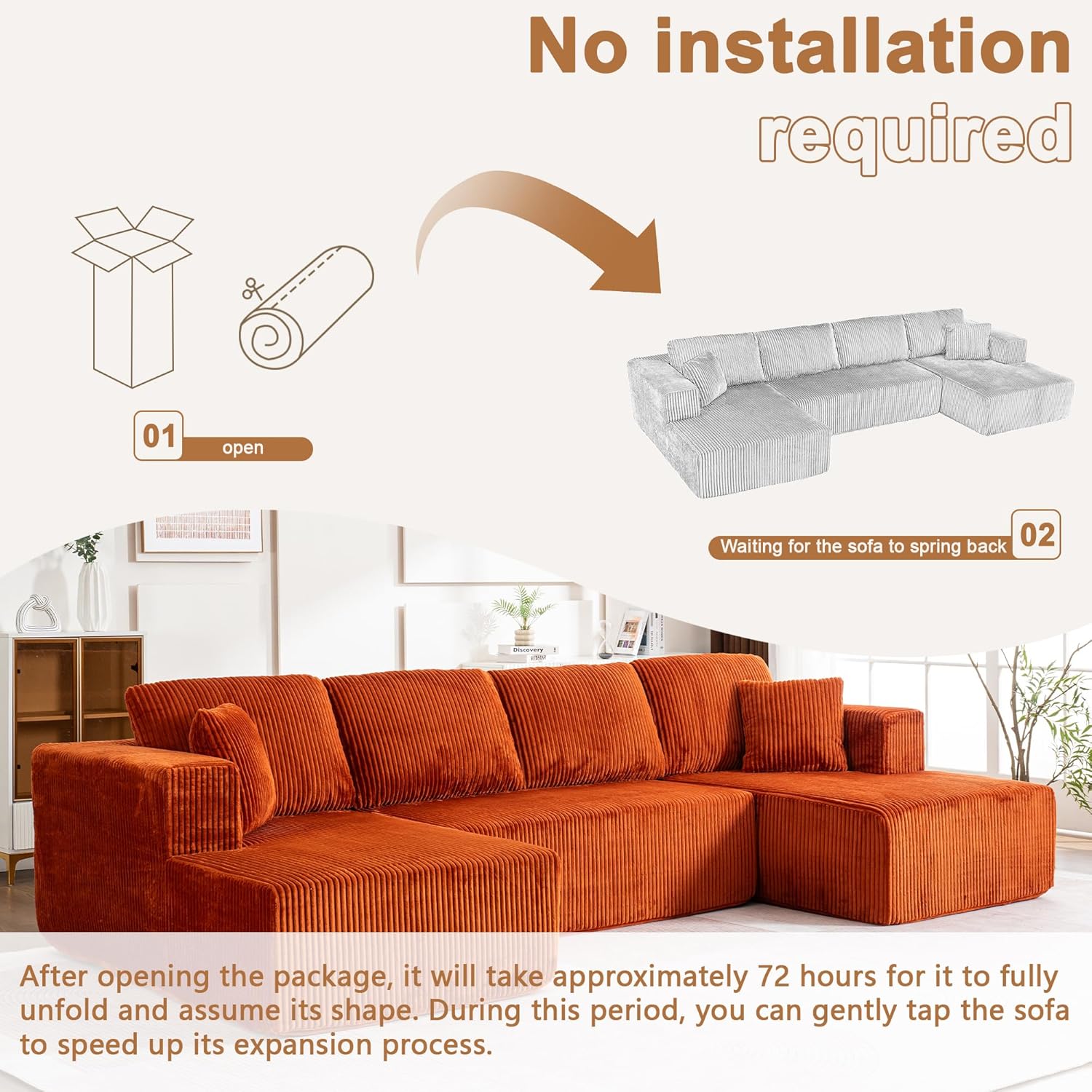 130" Oversized Cloud Boneless Sofa Couch with Chaise, Modern Corduroy U Shaped Modular Sectional Sofa with Deep Seat, No Assembly Required (Foam + White + Corduroy + 3 Seat)