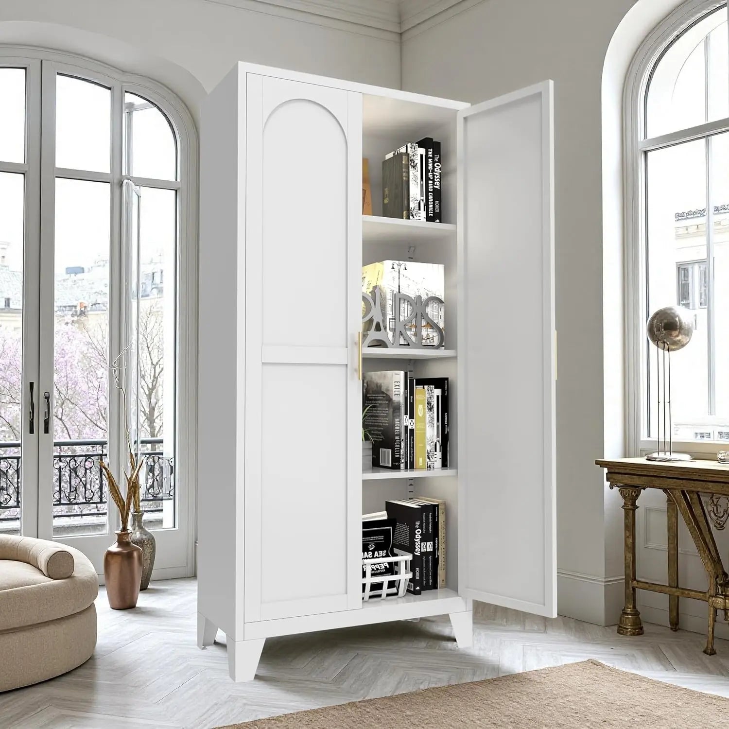 QIHAI 71'' 2 Shapely Doors Cabinet, Metal Storage Cabinet with Doors and Adjustable Shelves, for Kitchen, Dining Room, Living Room,White QIHAI
