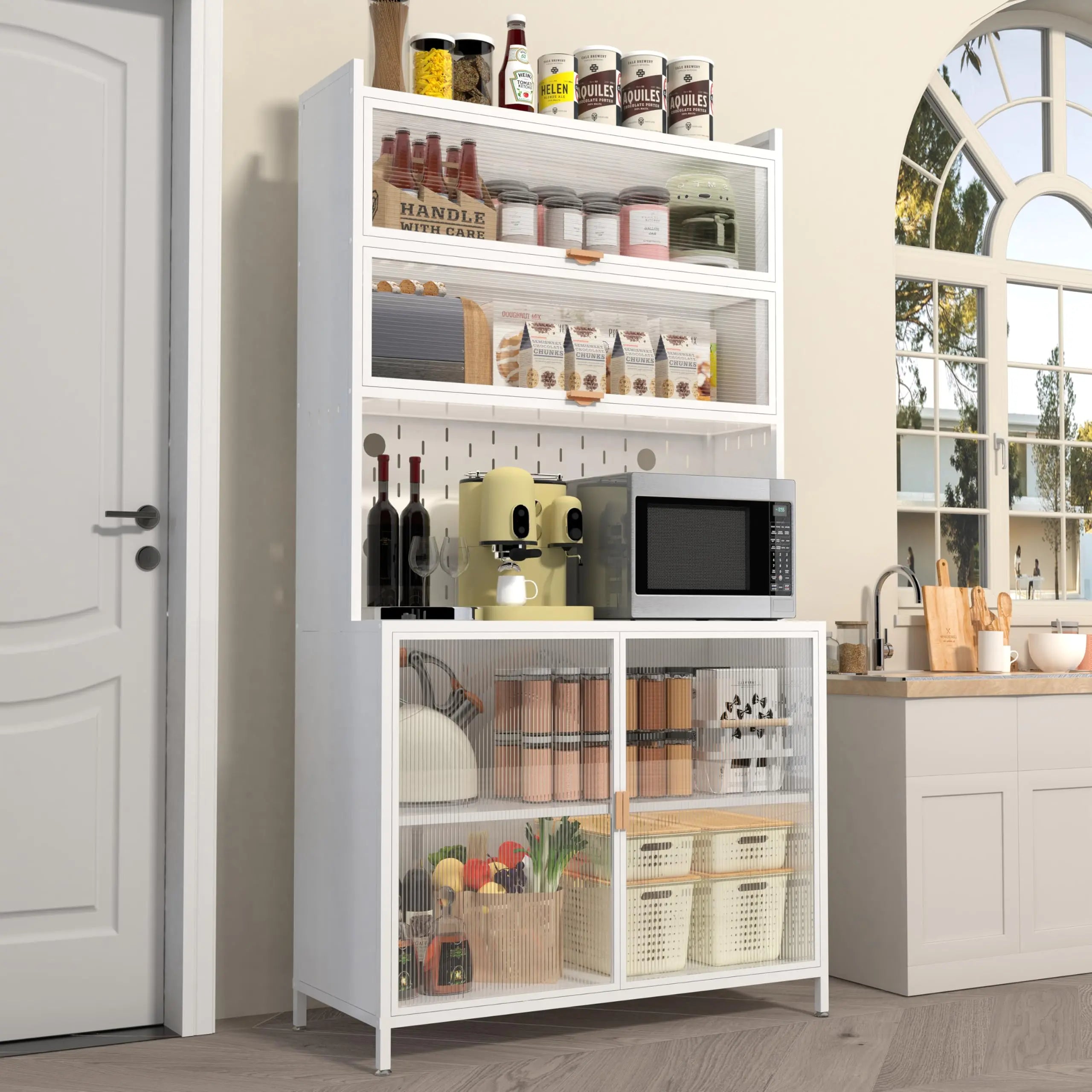 73'' Tall Kitchen Pantry Cabinet, 6 Level Flip Door with Pegboard Metal Pantry Storage Cabinet, Anti-Tip Design Hutch for Kitchen, Dining Room, Living Room,Grey QIHAI