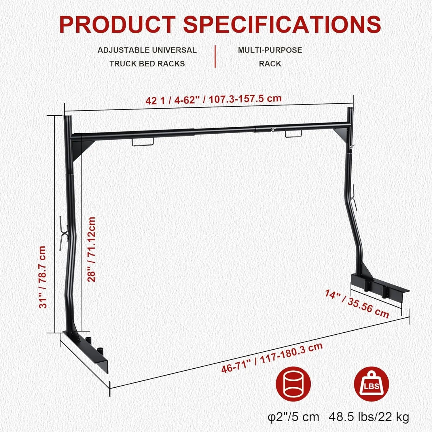 Heavy-Duty Universal Truck Bed Ladder Rack - 900LB Capacity, No-Drill Installation, Adjustable 46-71 inch Steel Cargo Rack for Kayaks, Lumber, Surfboards & Construction Materials QIHAI