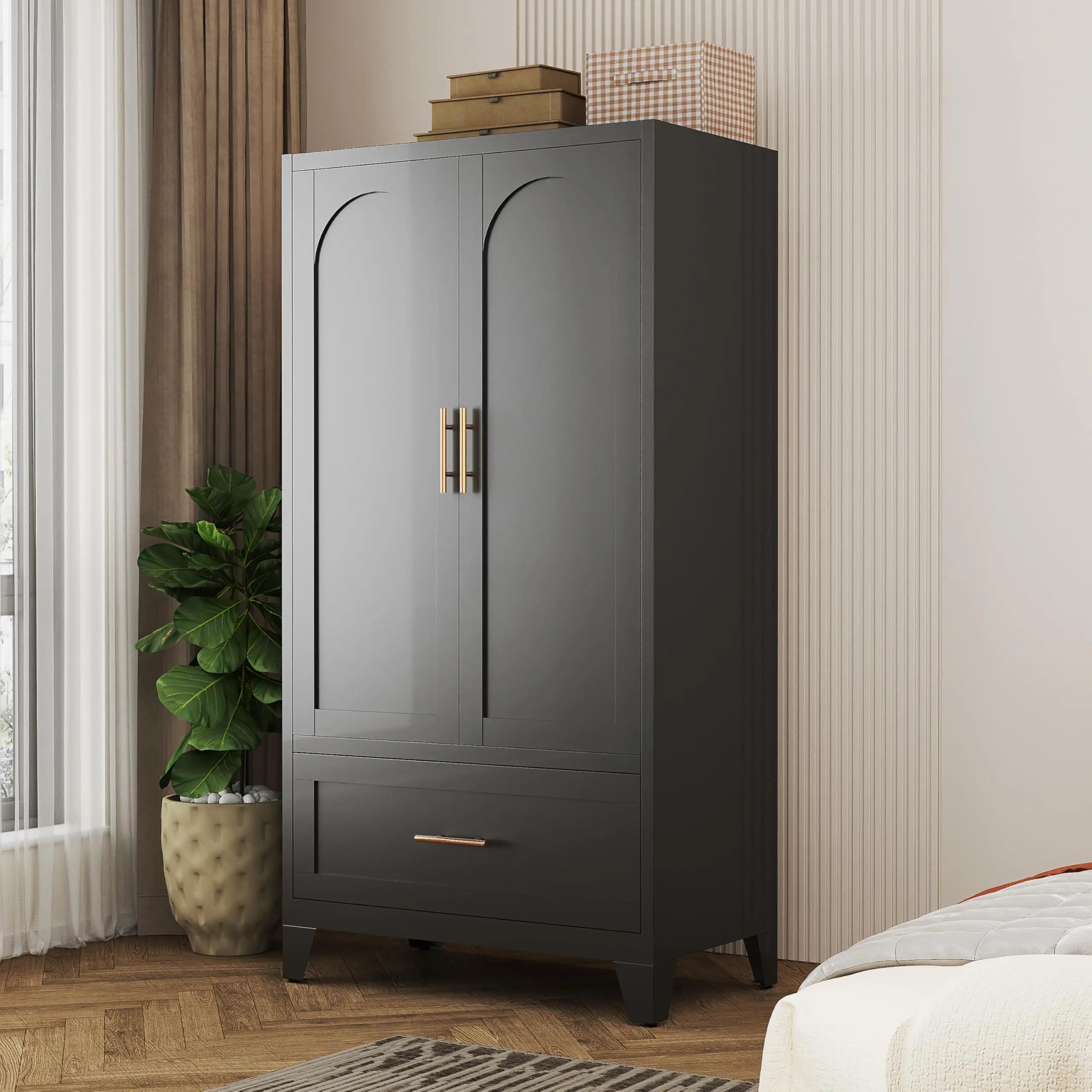 QIHAI Bedroom Armoires,71" Tall Metal Wardrobe Cabinet with 2 Drawers and Hanging Rod, 2 Doors Wardrobe Closet with Shelf for Bedroom, Office, Laundry Room,Entryway,Foyer,Guesthouse,White QIHAI