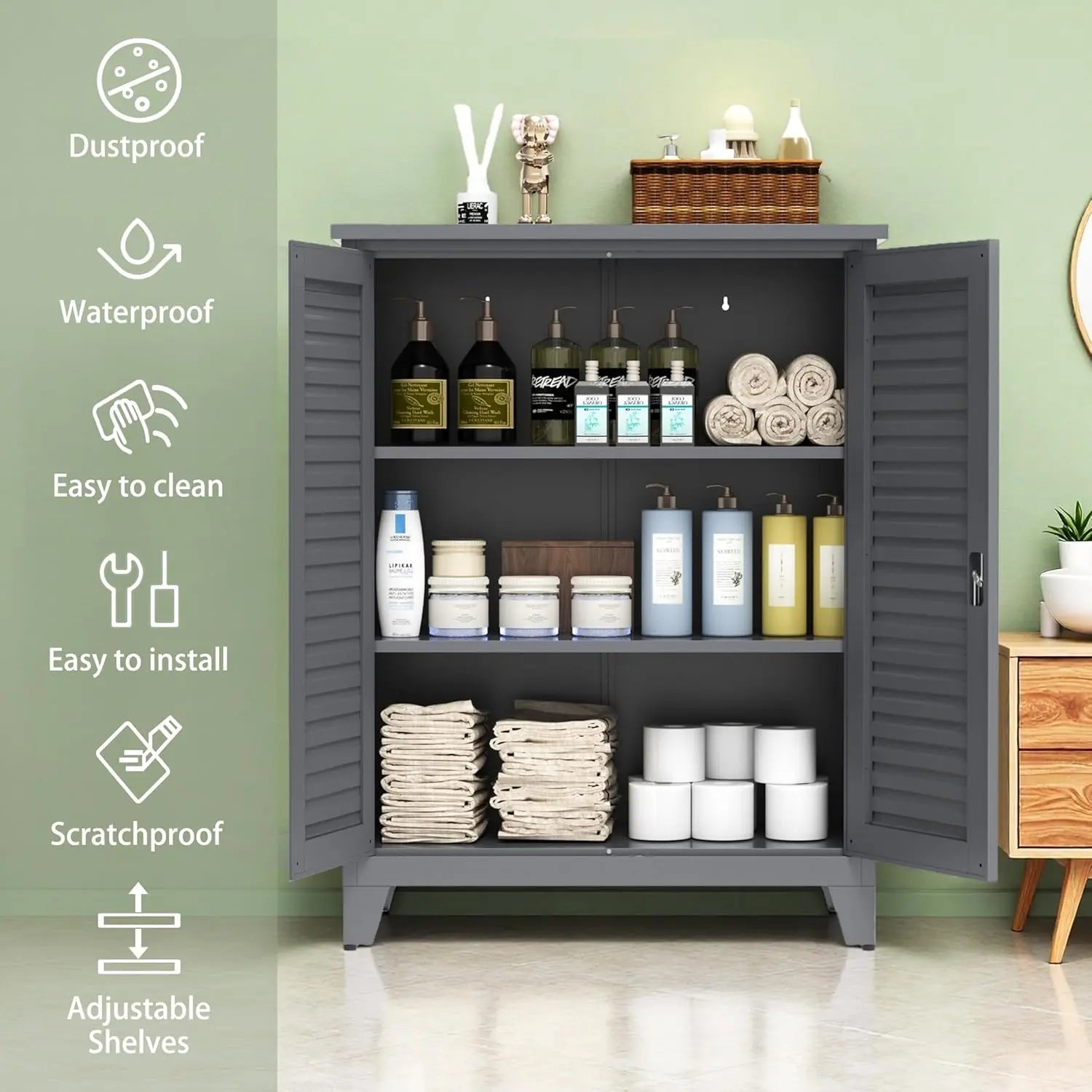 QIHAI Tool Chests & Cabinets,47'' Tall Metal Tool Storage Cabinet, with Ample Storage Space for Garage,Warehouse,Garden,Office, Living Room,Bathroom,Utility Room (47'' Tall + Slate + Steel) QIHAI