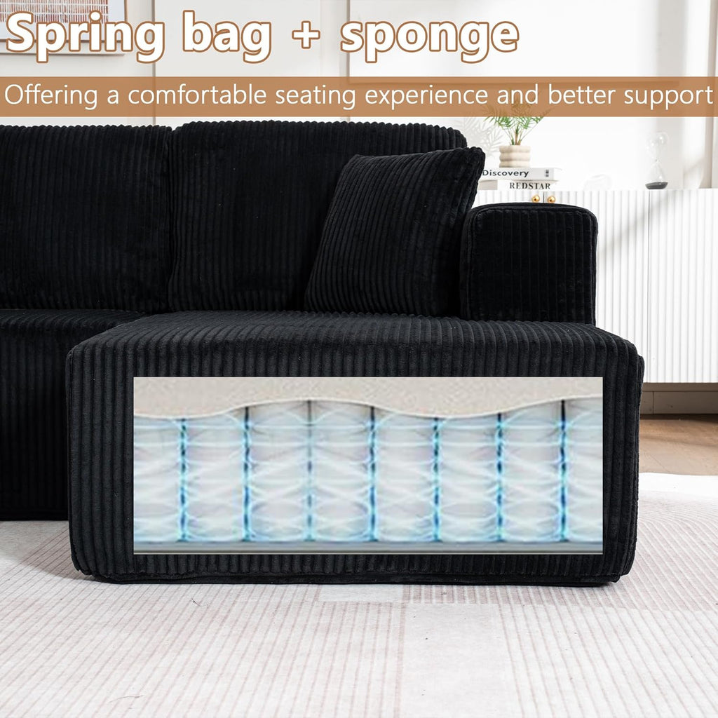 130" Oversized Cloud Boneless Sofa Couch with Chaise, Modern Corduroy U Shaped Modular Sectional Sofa with Deep Seat, No Assembly Required (Foam + White + Corduroy + 3 Seat)