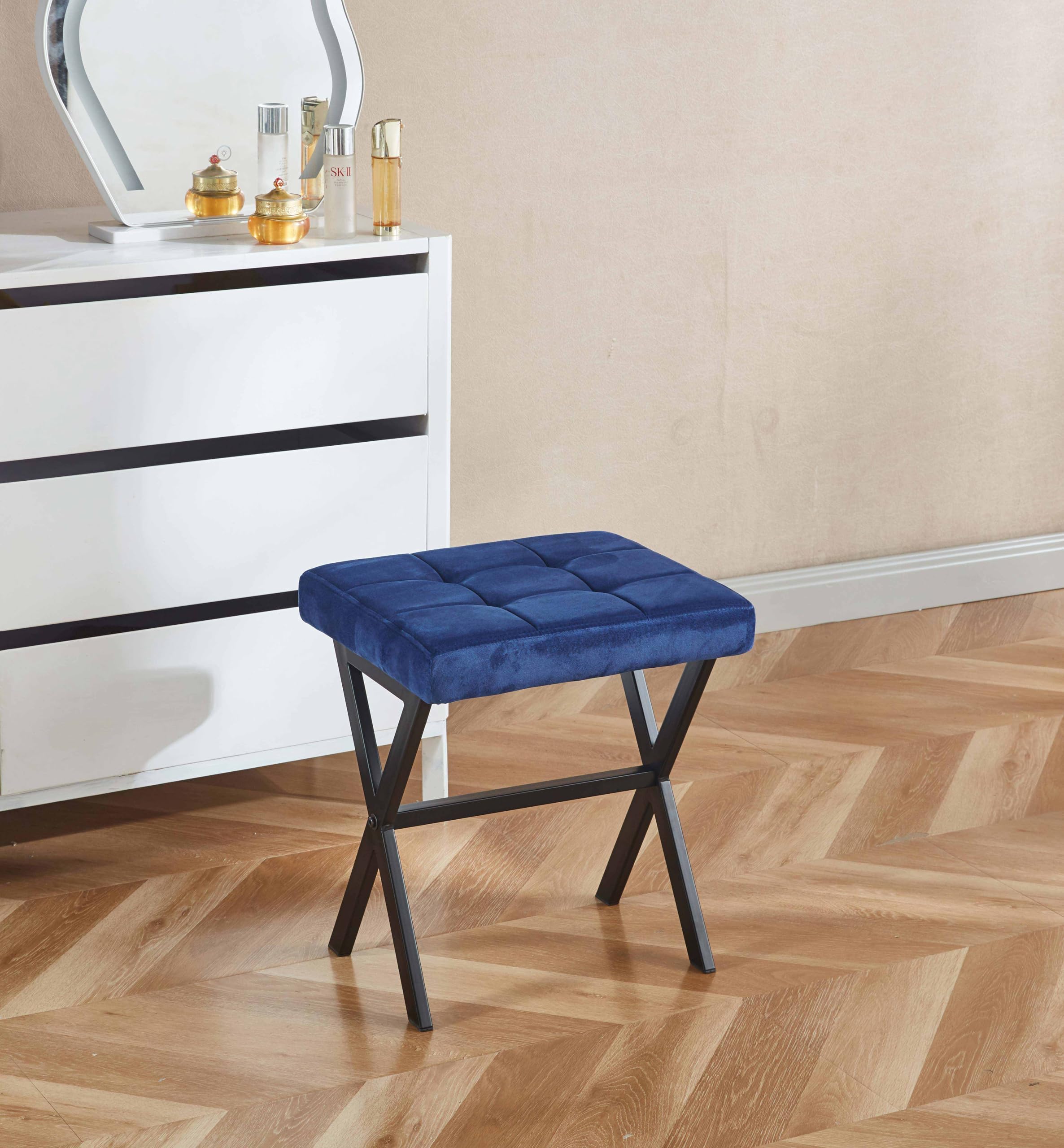 Vanity Stool - Square Faux Leather Makeup Seat with Metal X Legs, Small Ottoman Chair for Makeup Room, Living Room - Modern Padded Foot Rest (Dark Brown)