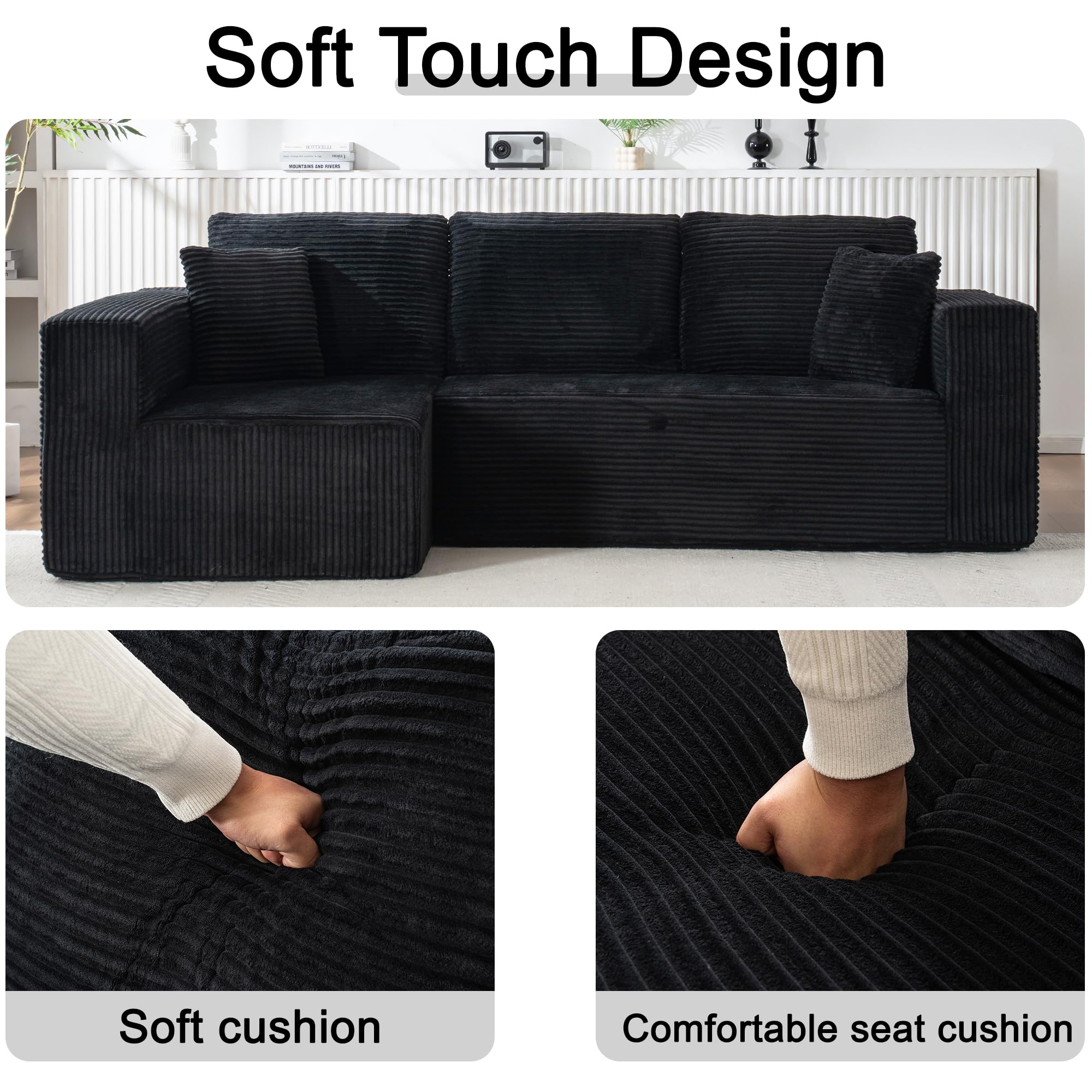 Living Room Wide Armchair Sofa, Modern Modular Recliner Sofa, L-Shaped Cloud Sofa, No Assembly Required, Corduroy Fabric, Soft and Comfortable (Foam + Gray + Corduroy + 3 Seat)