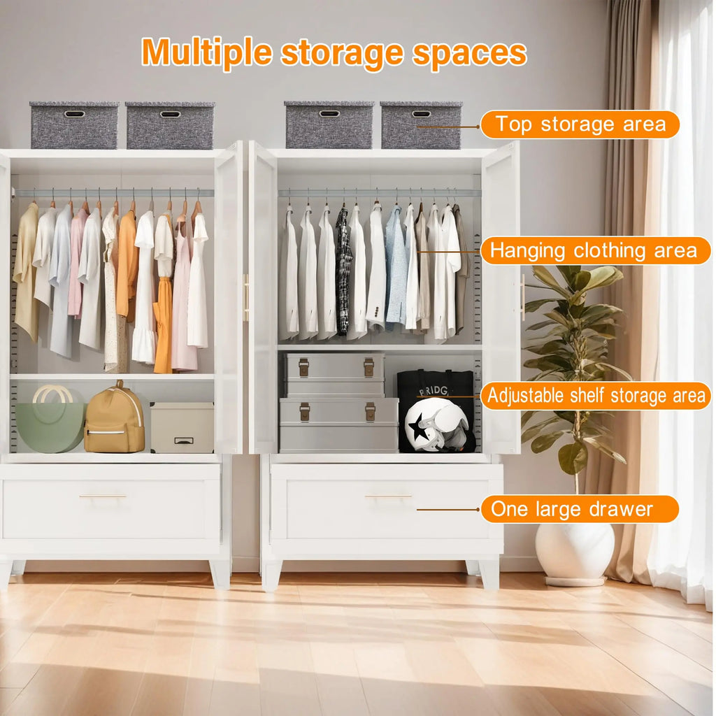 QIHAI Bedroom Armoires,71" Tall Metal Wardrobe Cabinet with 2 Drawers and Hanging Rod, 2 Doors Wardrobe Closet with Shelf for Bedroom, Office, Laundry Room,Entryway,Foyer,Guesthouse,White QIHAI