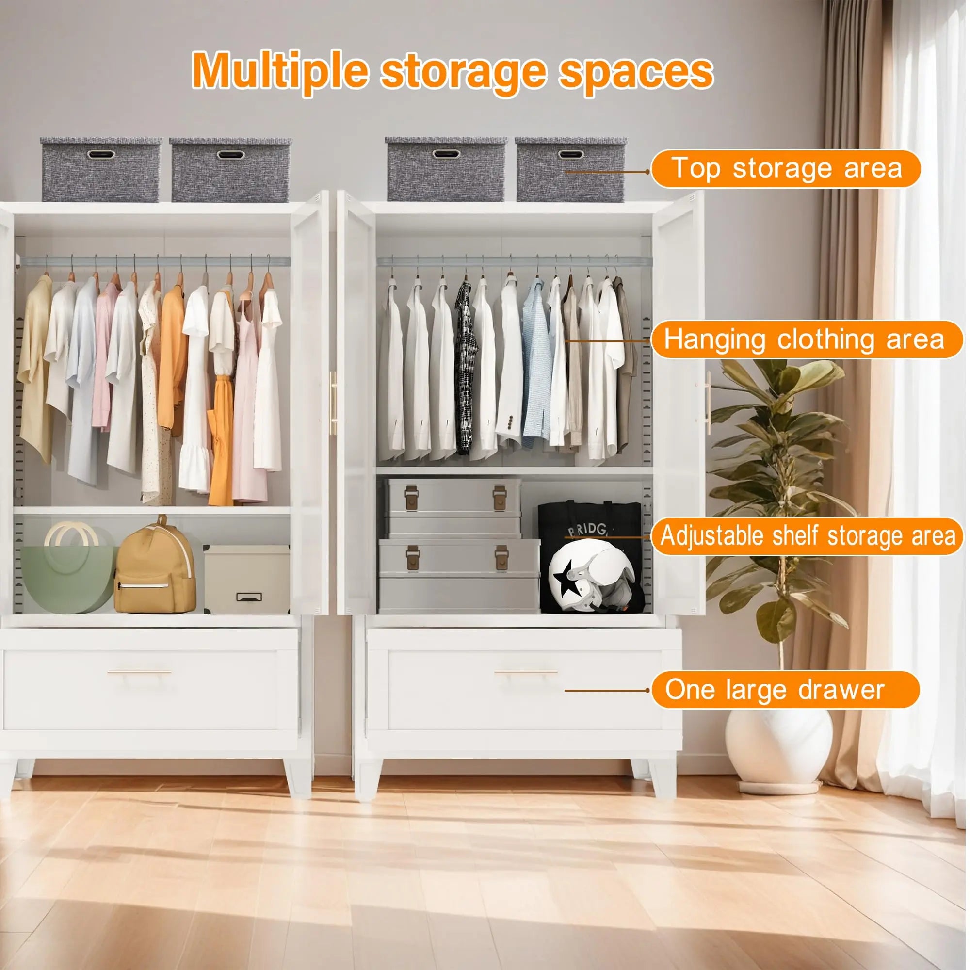 QIHAI Bedroom Armoires,71" Tall Metal Wardrobe Cabinet with 2 Drawers and Hanging Rod, 2 Doors Wardrobe Closet with Shelf for Bedroom, Office, Laundry Room,Entryway,Foyer,Guesthouse,White QIHAI